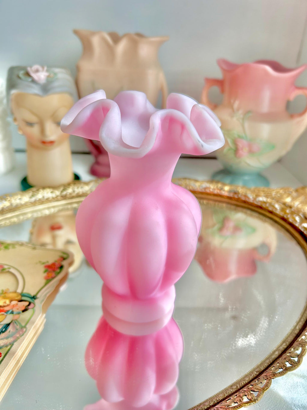 Vintage Fenton Pink Melon Vase: Satin Glass Ruffled Rim