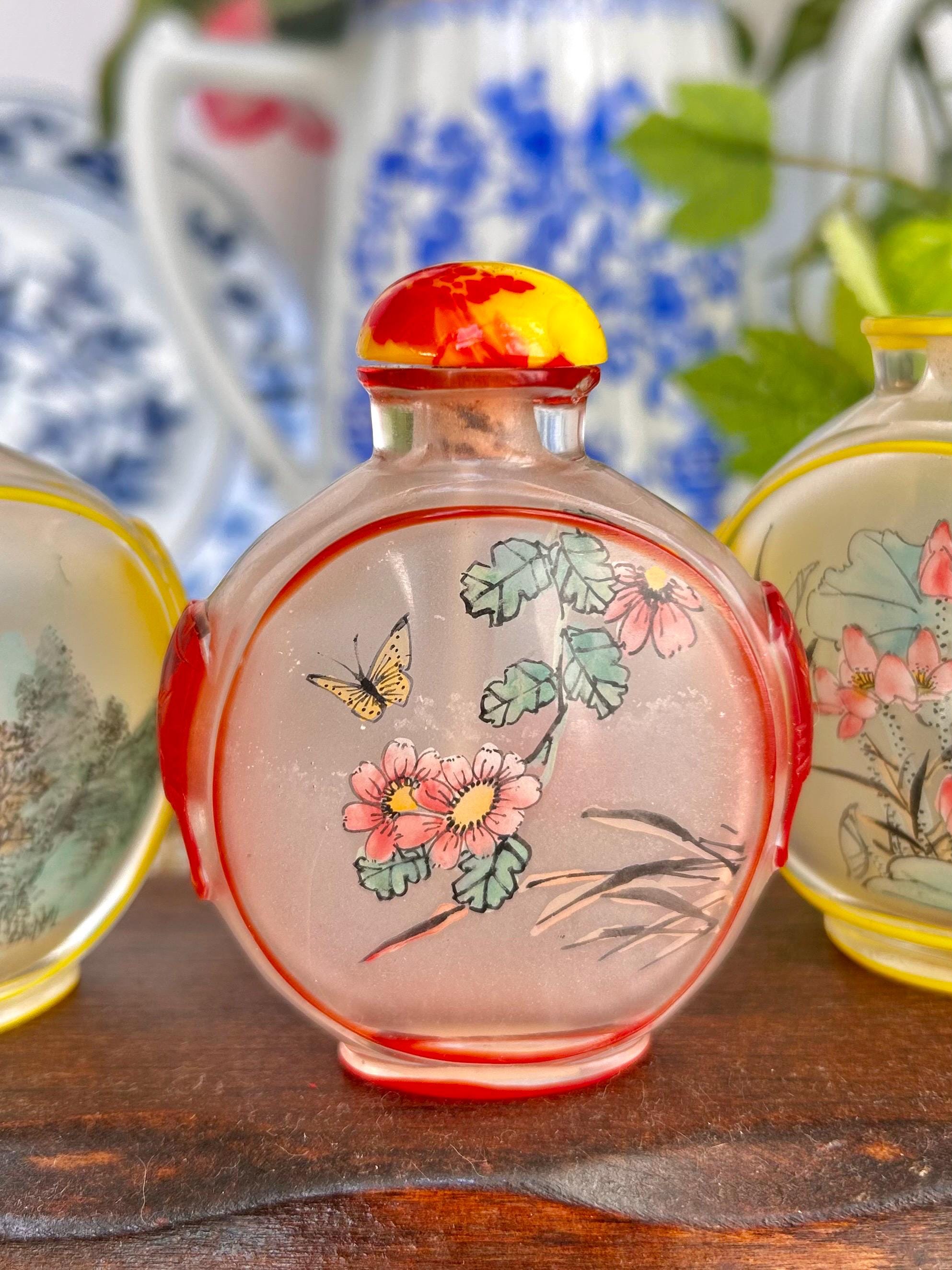 Vintage Chinese reverse Painted Carved Glass Snuff Bottles, 2-3 inch, Sold Individually