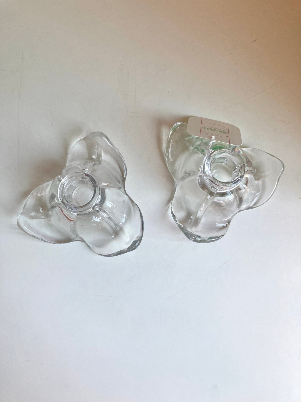 Vintage Duncan Miller American Way Leaf Clear Glass PAIR of Single Candlestick Holders