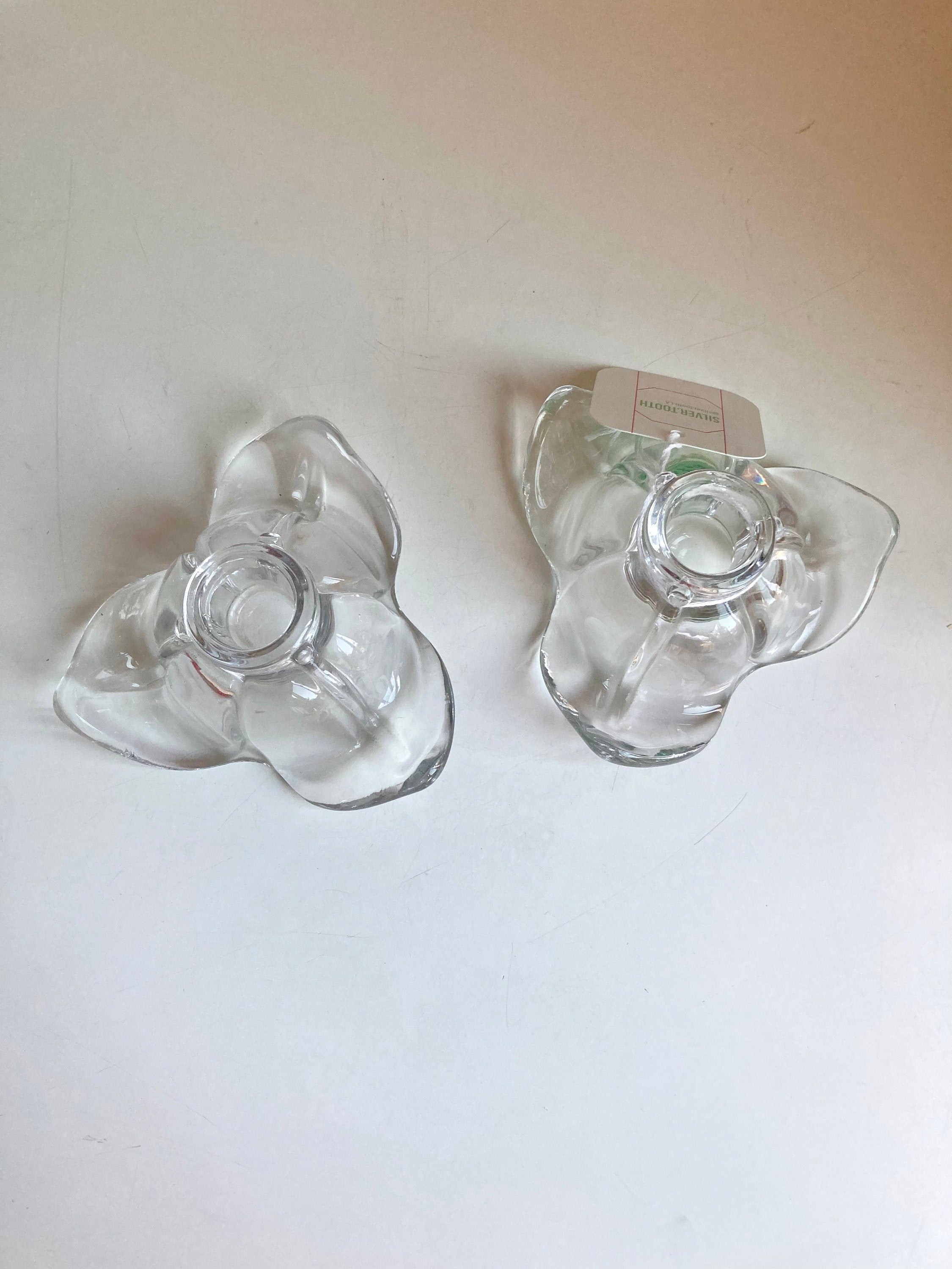 Vintage Duncan Miller American Way Leaf Clear Glass PAIR of Single Candlestick Holders