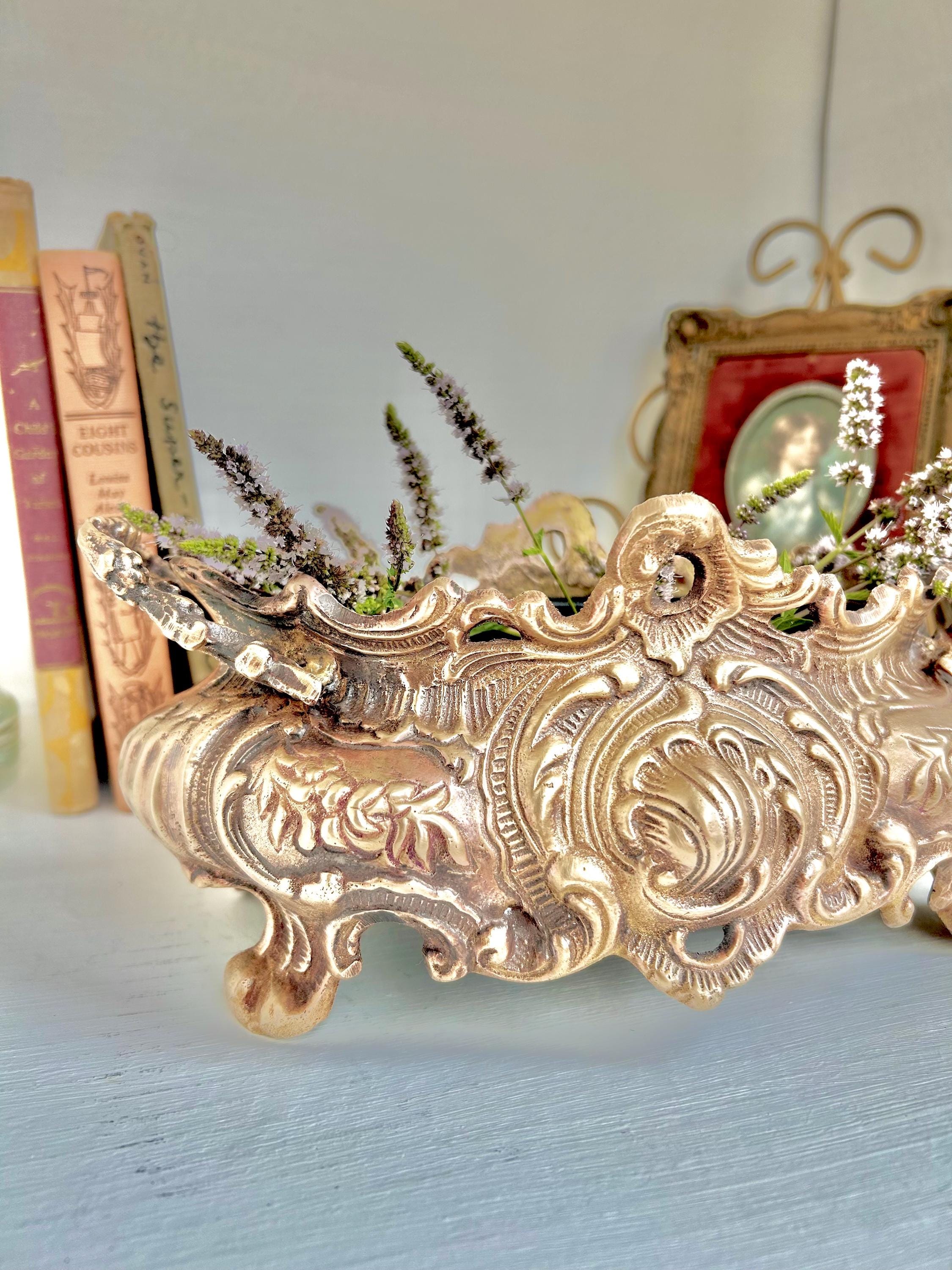 Vintage Solid Brass Jardinier: Neoclassical Footed Planter with Floral Motifs