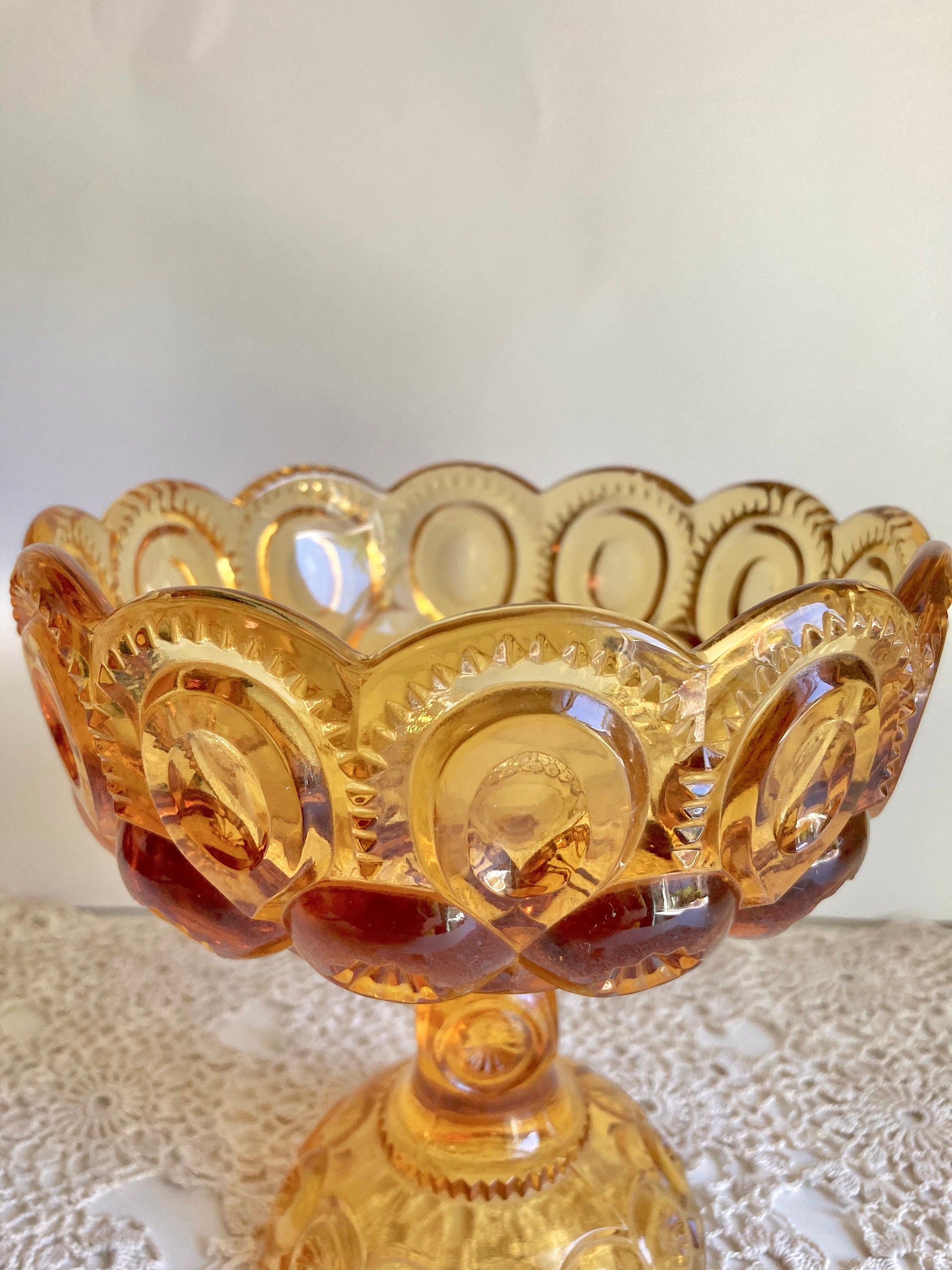 Vintage LE Smith Moon and Stars Amber Glass Pedestal Stem Compote