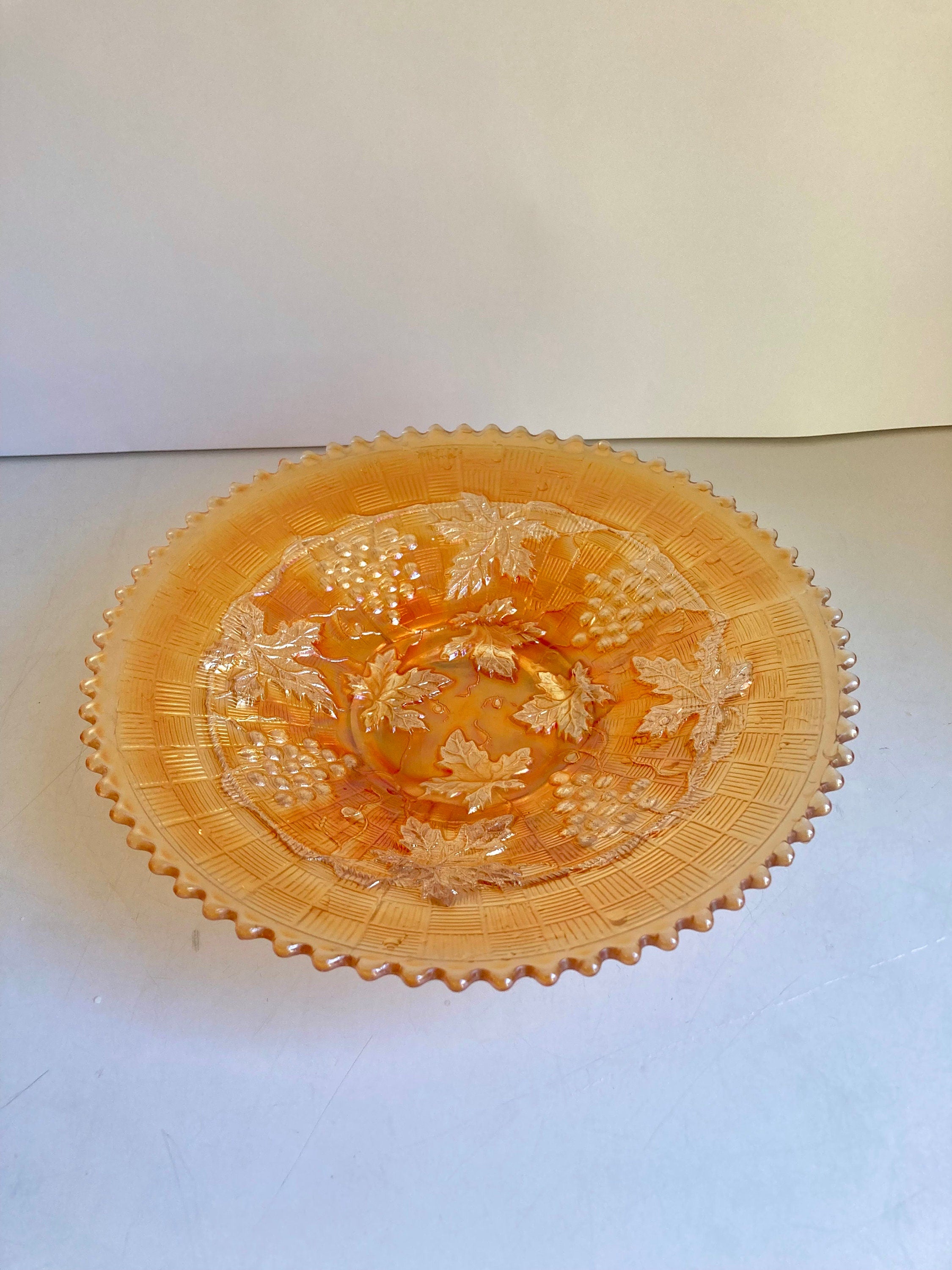 Antique Northwood Grape & Cable Basket weave Marigold Carnival Glass Plate with Sawtooth edge 9”