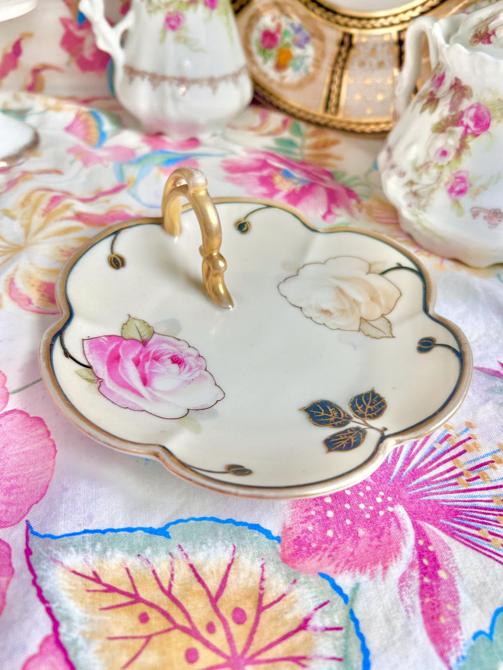 Vintage Bavaria Porcelain Finger Loop Plate: Floral Rose Serving Dish