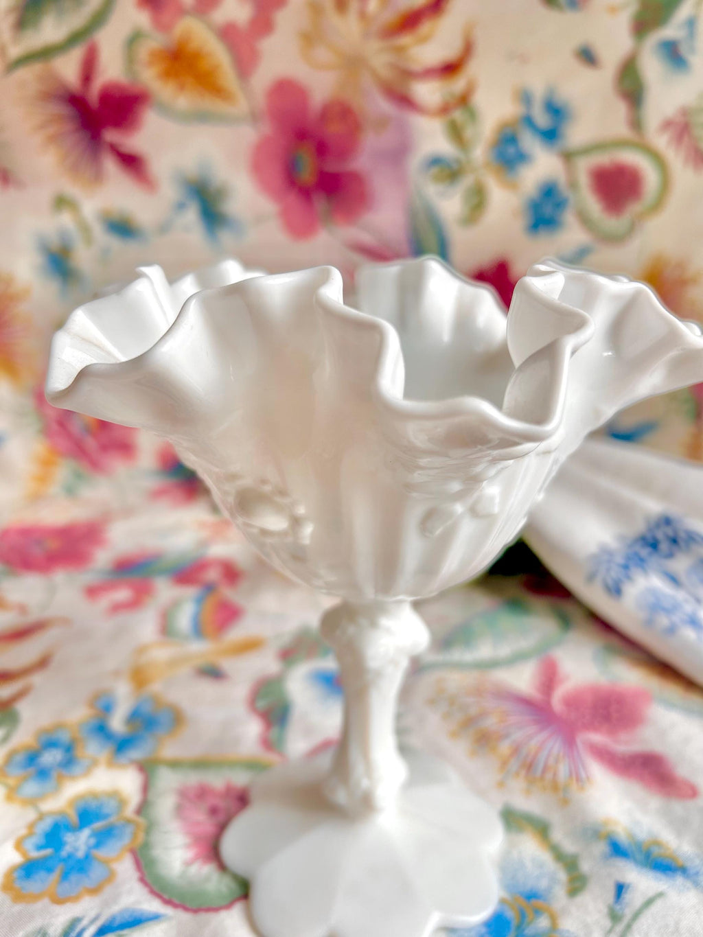 Vintage Fenton Milk Glass Compote, Rosebud Relief, Ruffled Edge
