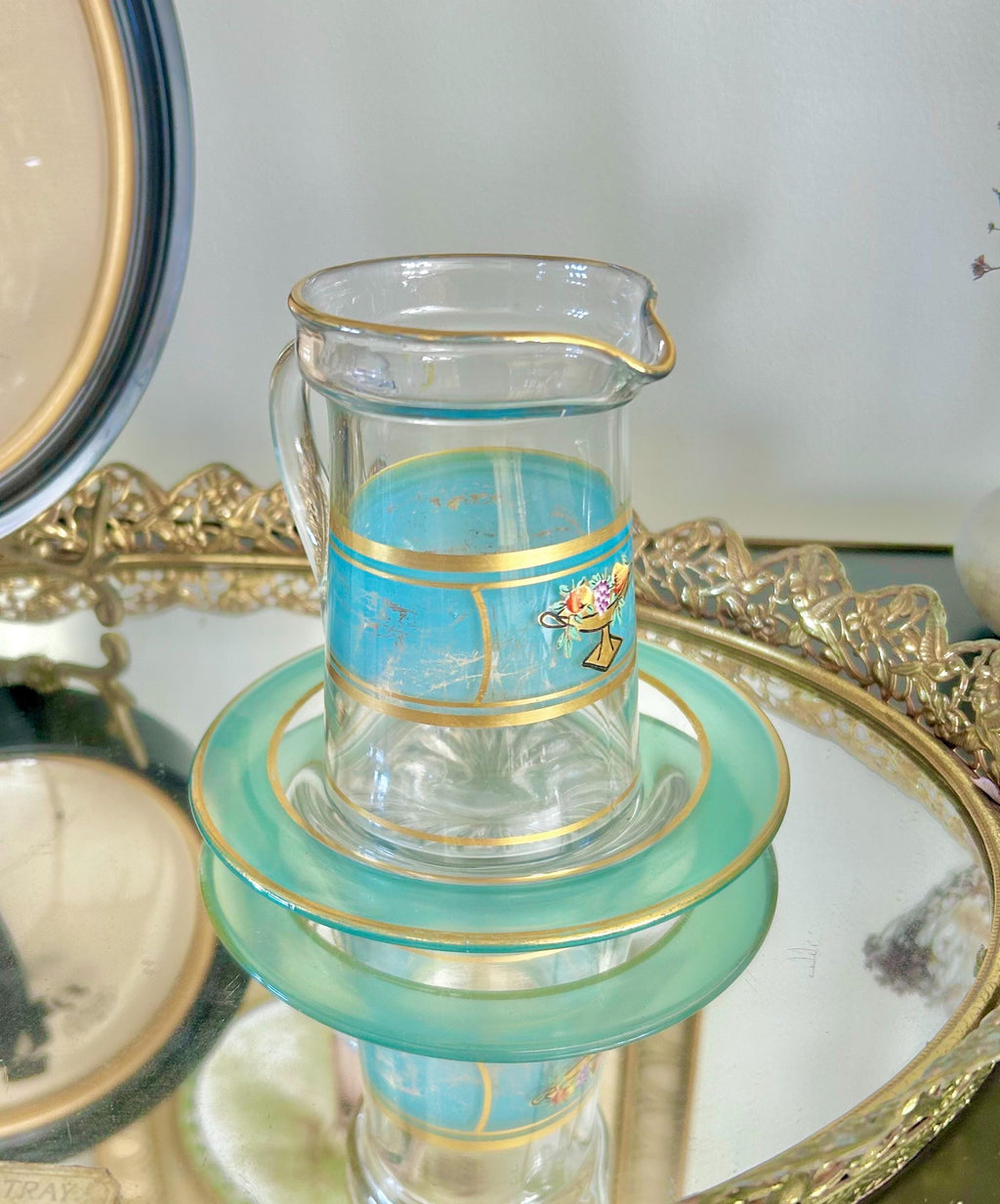Vintage Hand-painted Small Glass Pitcher/Creamer with Under-plate, Blue and Gold Trim