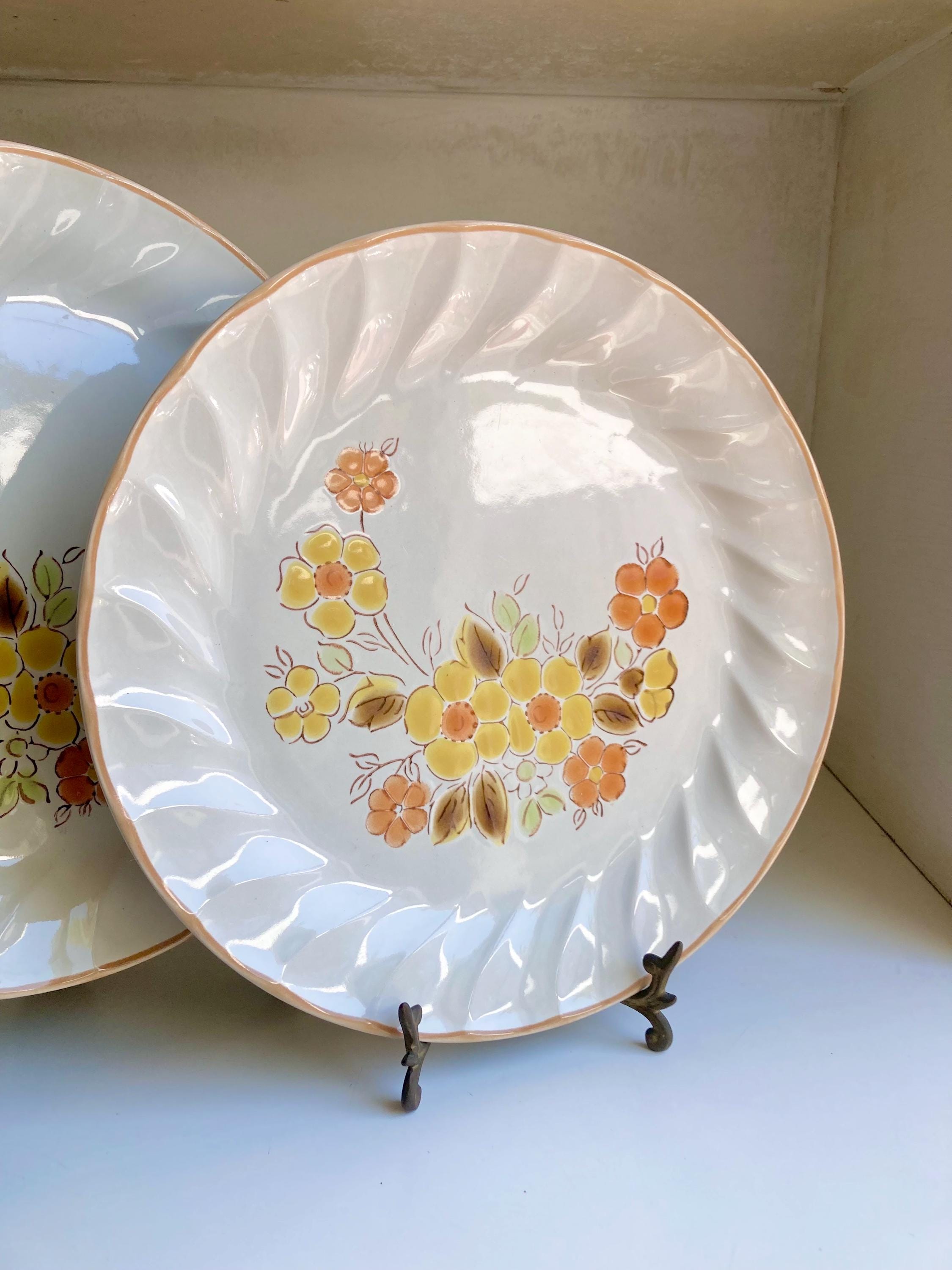 Vintage Gaiety Sculptura Stoneware Dinner Plates Pair - Orange Yellow Floral - Japan