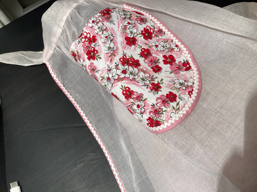 Vintage Pink Floral Organdy Apron: Hand-stitched Hostess Style