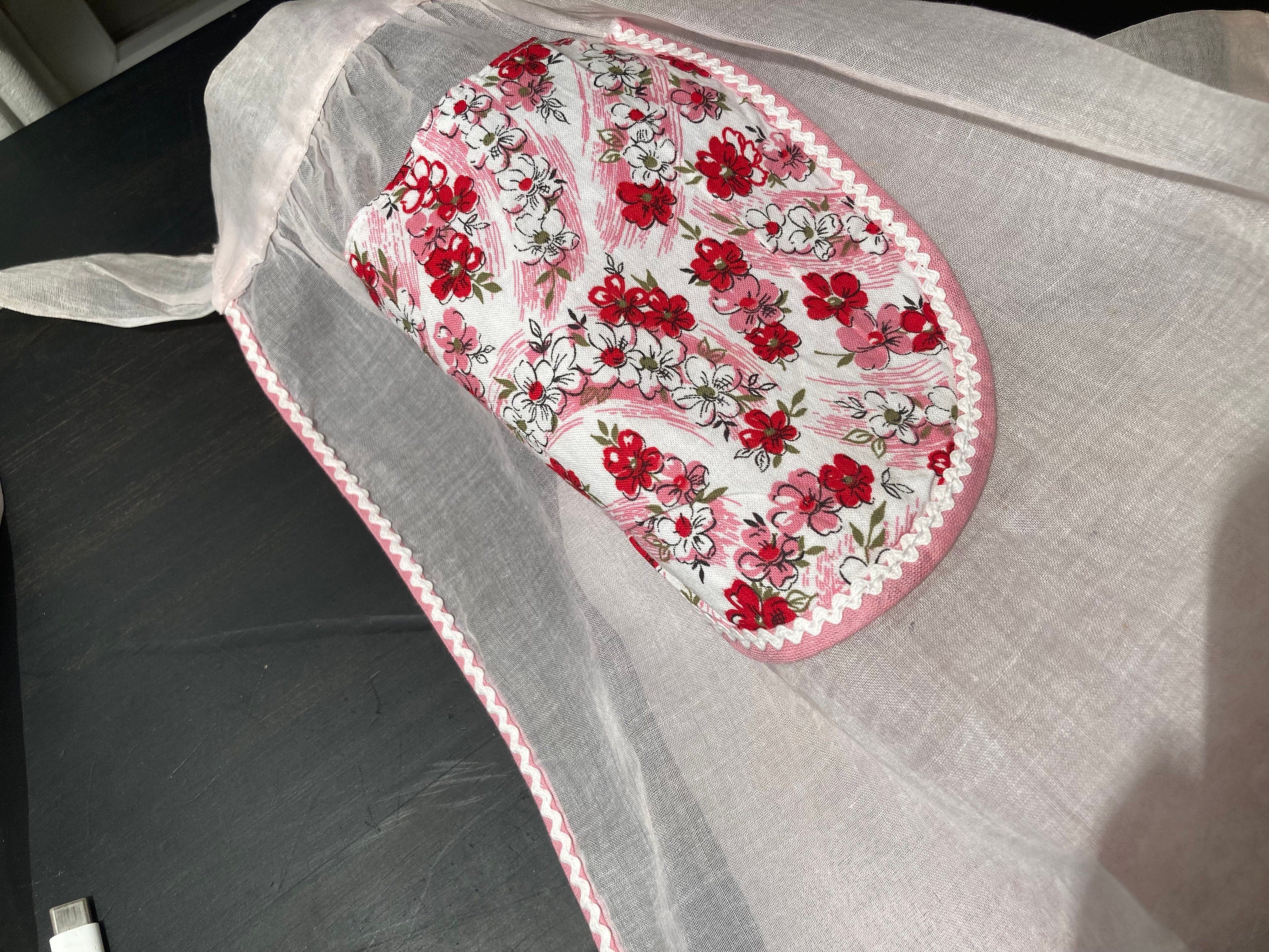 Vintage Pink Floral Organdy Apron: Hand-stitched Hostess Style