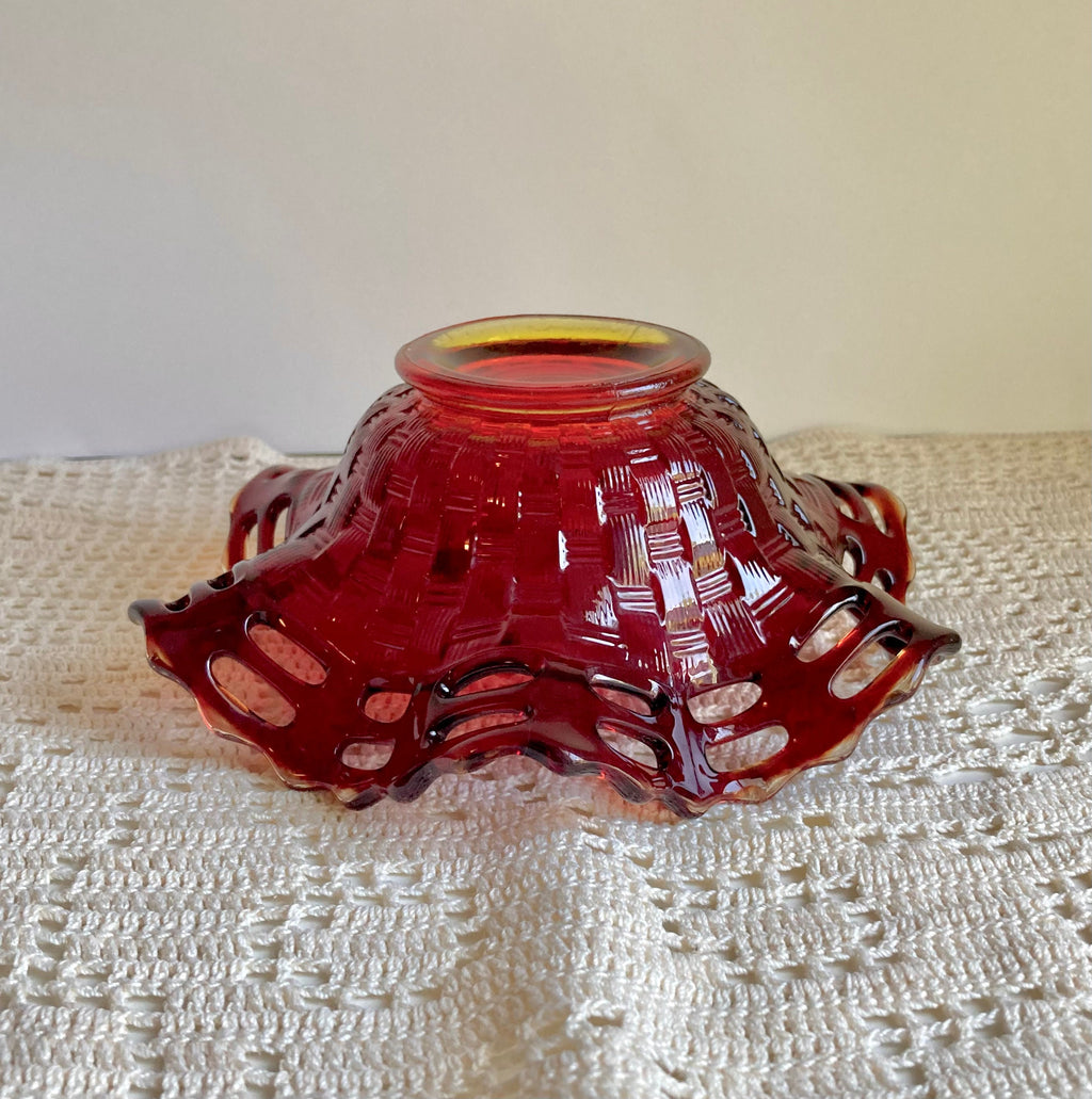 Vintage Fenton Amberina Glass Bowl: Basket Weave Lattice Rim, 6”