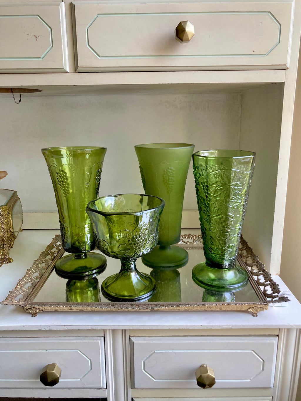 Vintage Green Glass Harvest Grape Pattern Pedestal Vases and Compote: Choose from 4