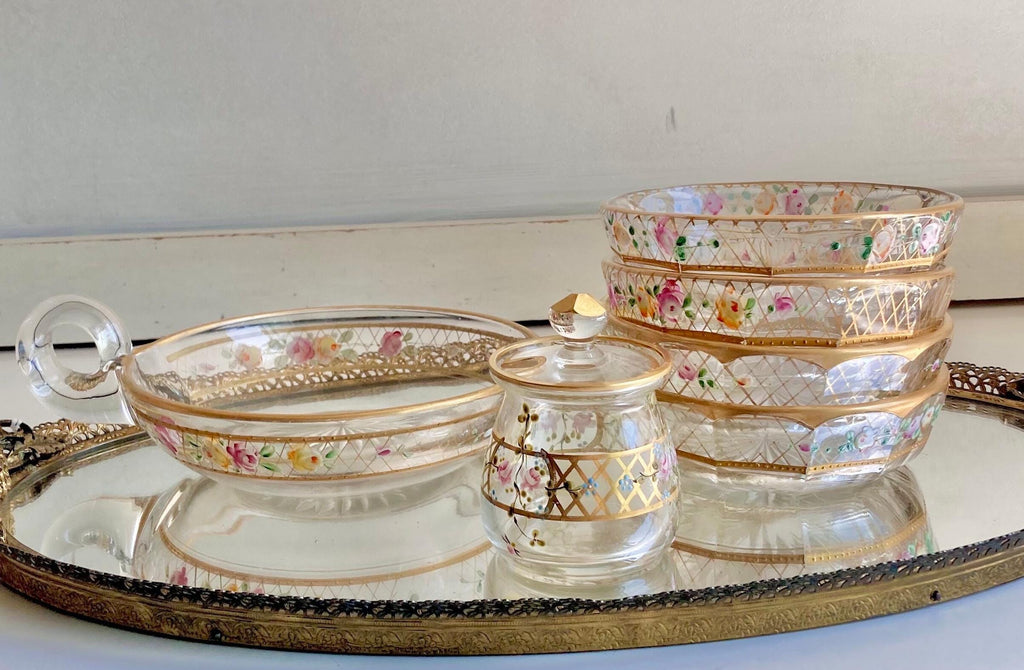 Vintage Hand-Painted Floral Glass Dessert Set: Gilt Sunburst Bowls & Jar