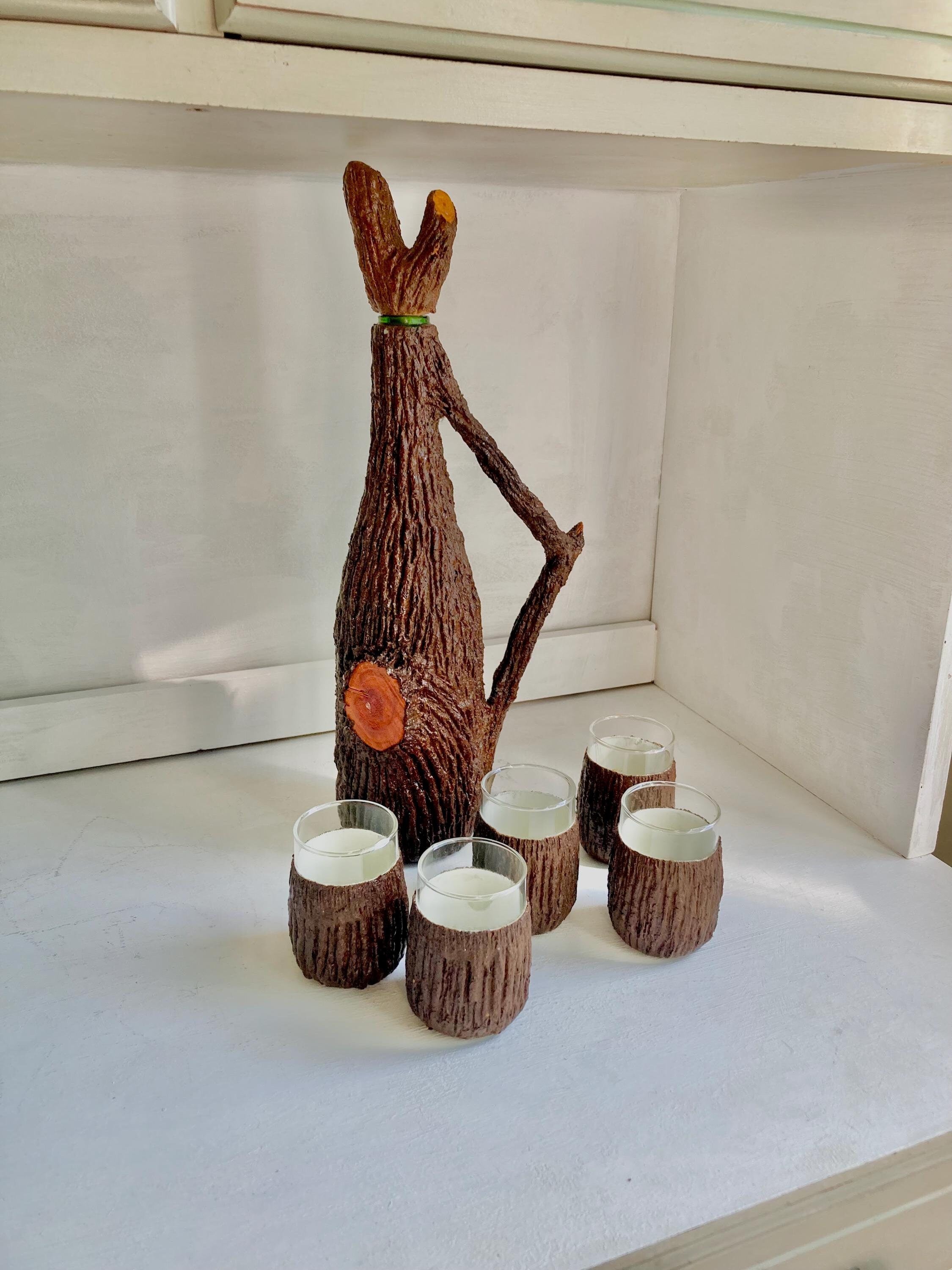 Vintage Faux Bois Decanter Set: Mid-Century Cordial Cups, Tree Bark Design