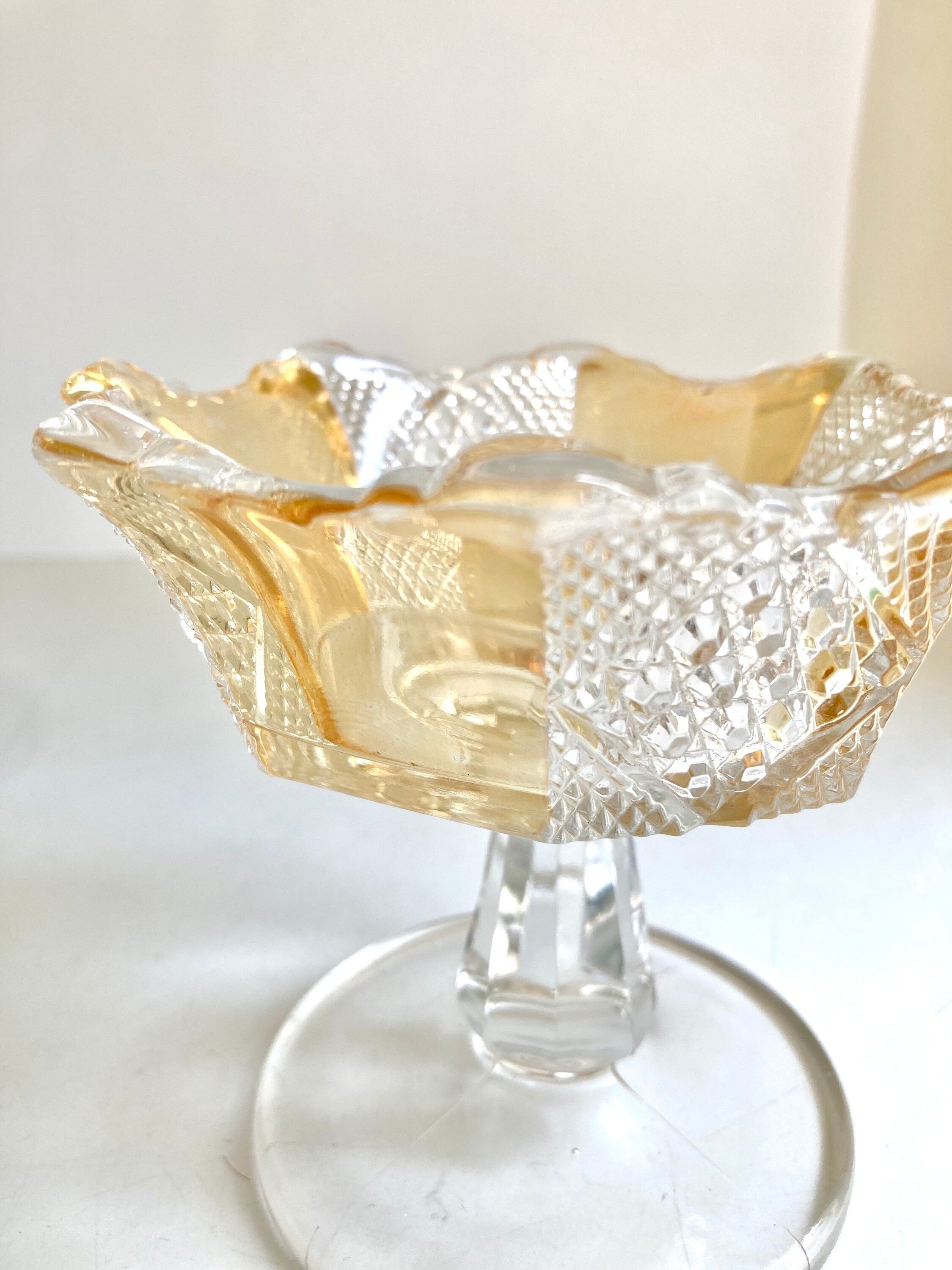 EAPG Amberette 8 Paneled Pedestal Compote Dish - Yellow and Clear, Scalloped Edge - 4.25" tall