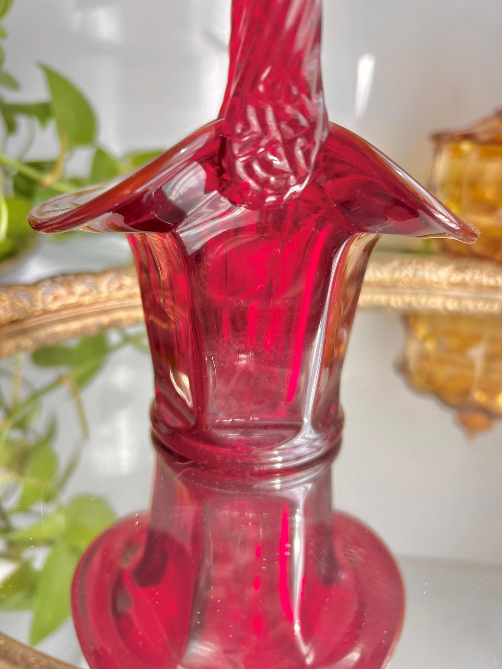 Vintage Fenton Ruby Red Glass Basket: Twisted Rope Handle, Paneled Design
