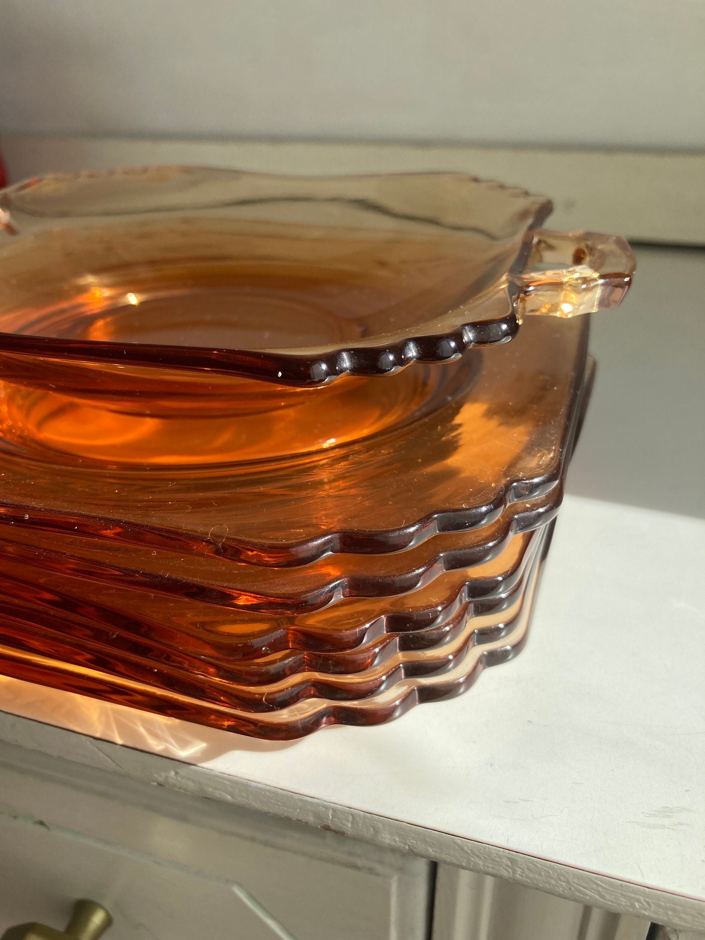 Vintage Fostoria Mayfair Honey Amber Glass Plate Set: Luncheon Plates & Relish Dish