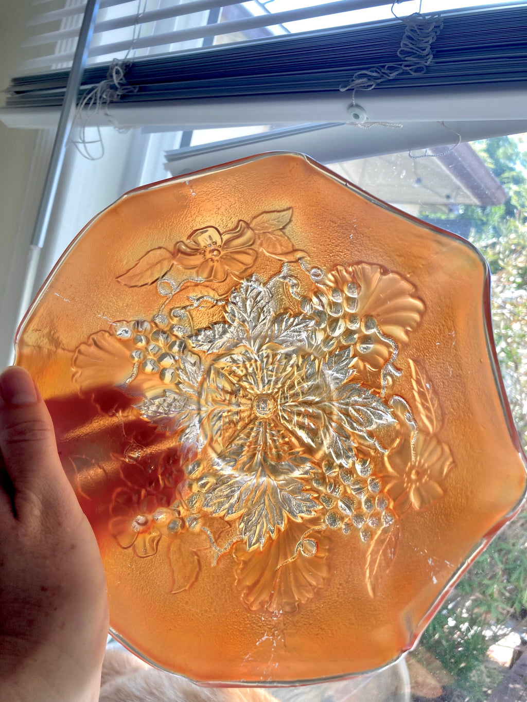 Antique Northwood Marigold Carnival Glass Ruffled Bowl: Grape Cable & Blossom Palm, c. 1910
