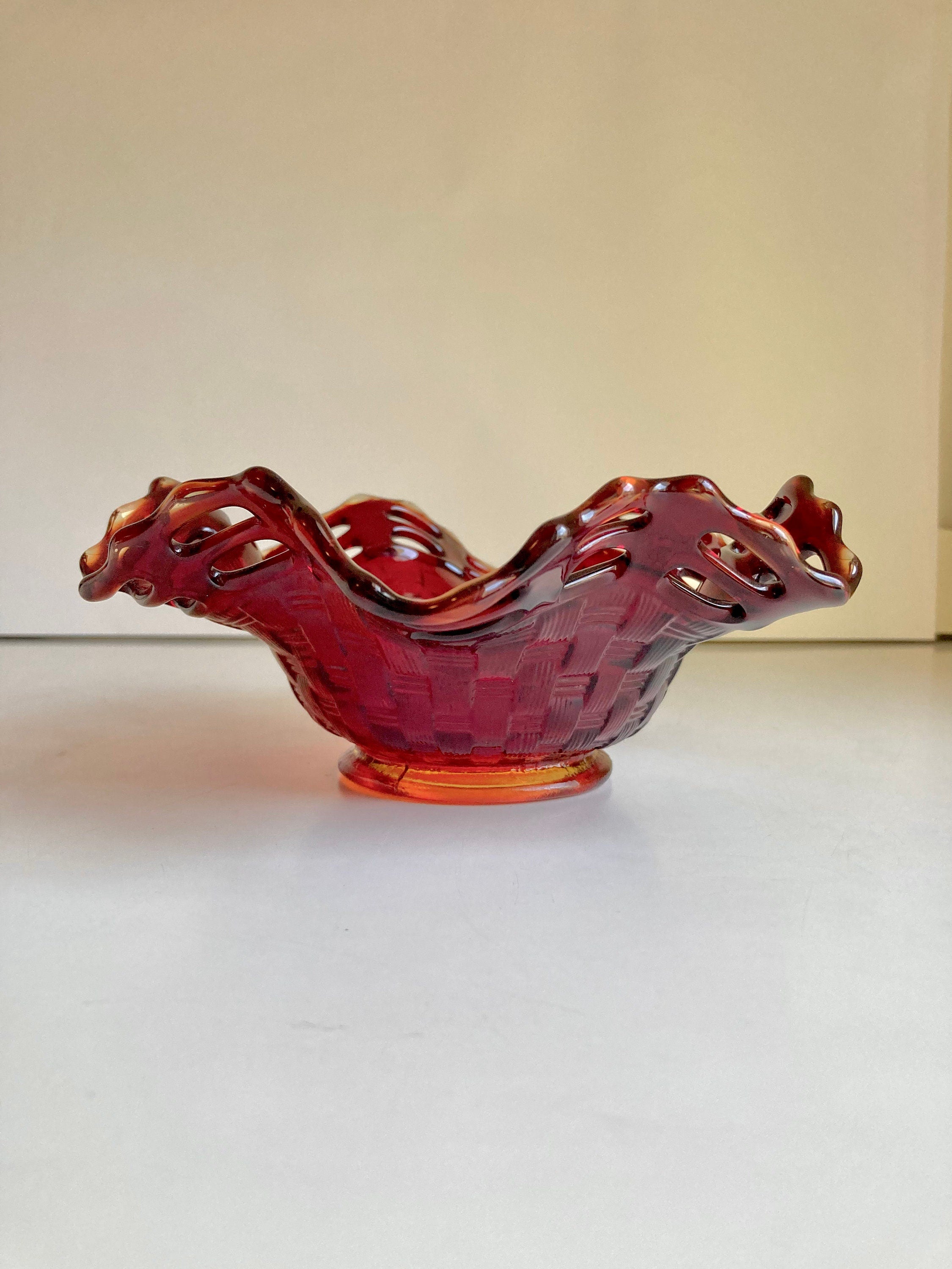Vintage Fenton Amberina Glass Bowl: Basket Weave Lattice Rim, 6”