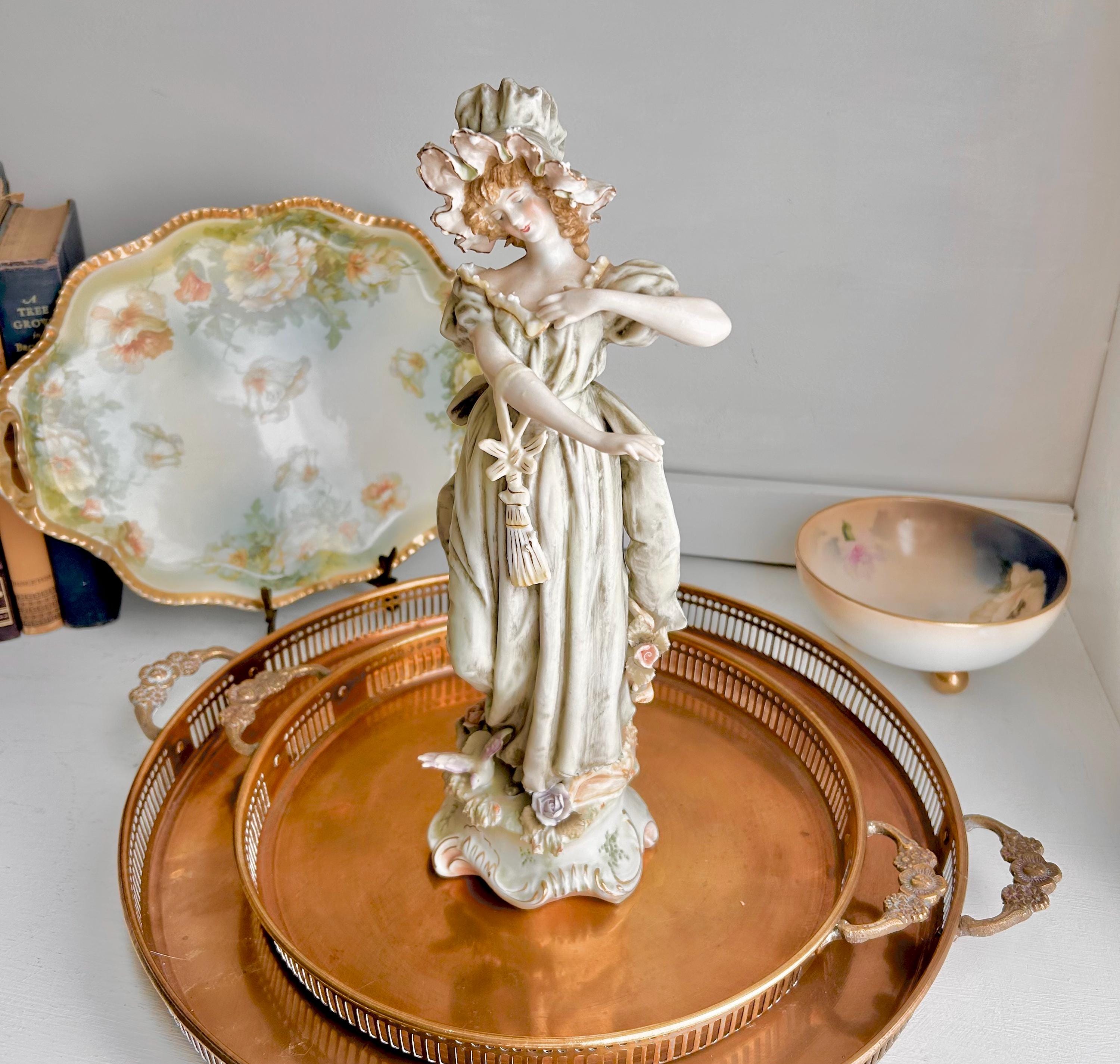 Vintage 12" Porcelain Statuette-Victorian Lady in Bonnet and Flowing Green Gown-Original Arnart Creation Japan