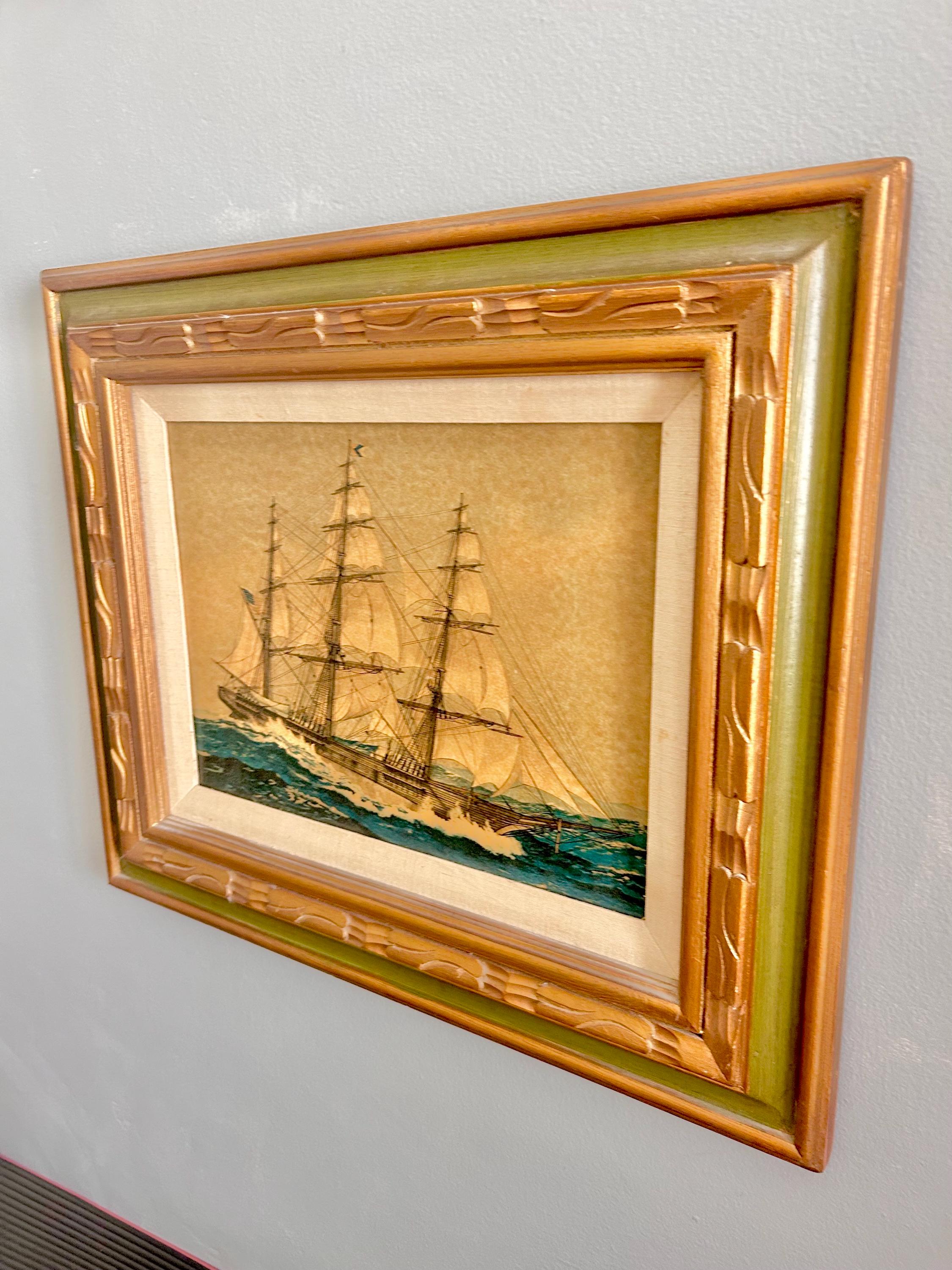 Vintage Sailboat Print: Textured Maritime Art in Gilt Olive Frame