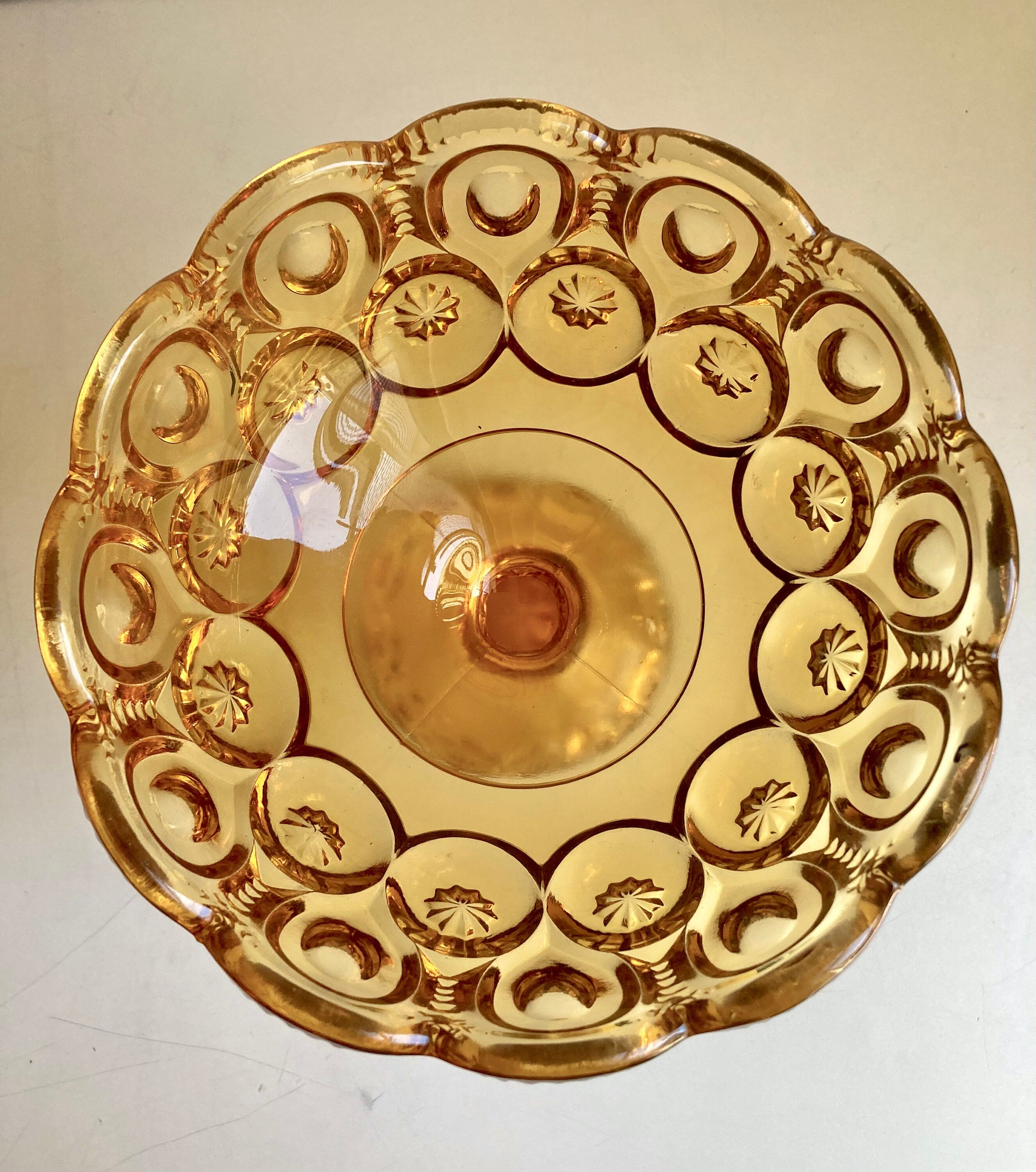 Vintage LE Smith Moon and Stars Amber Glass Pedestal Stem Compote