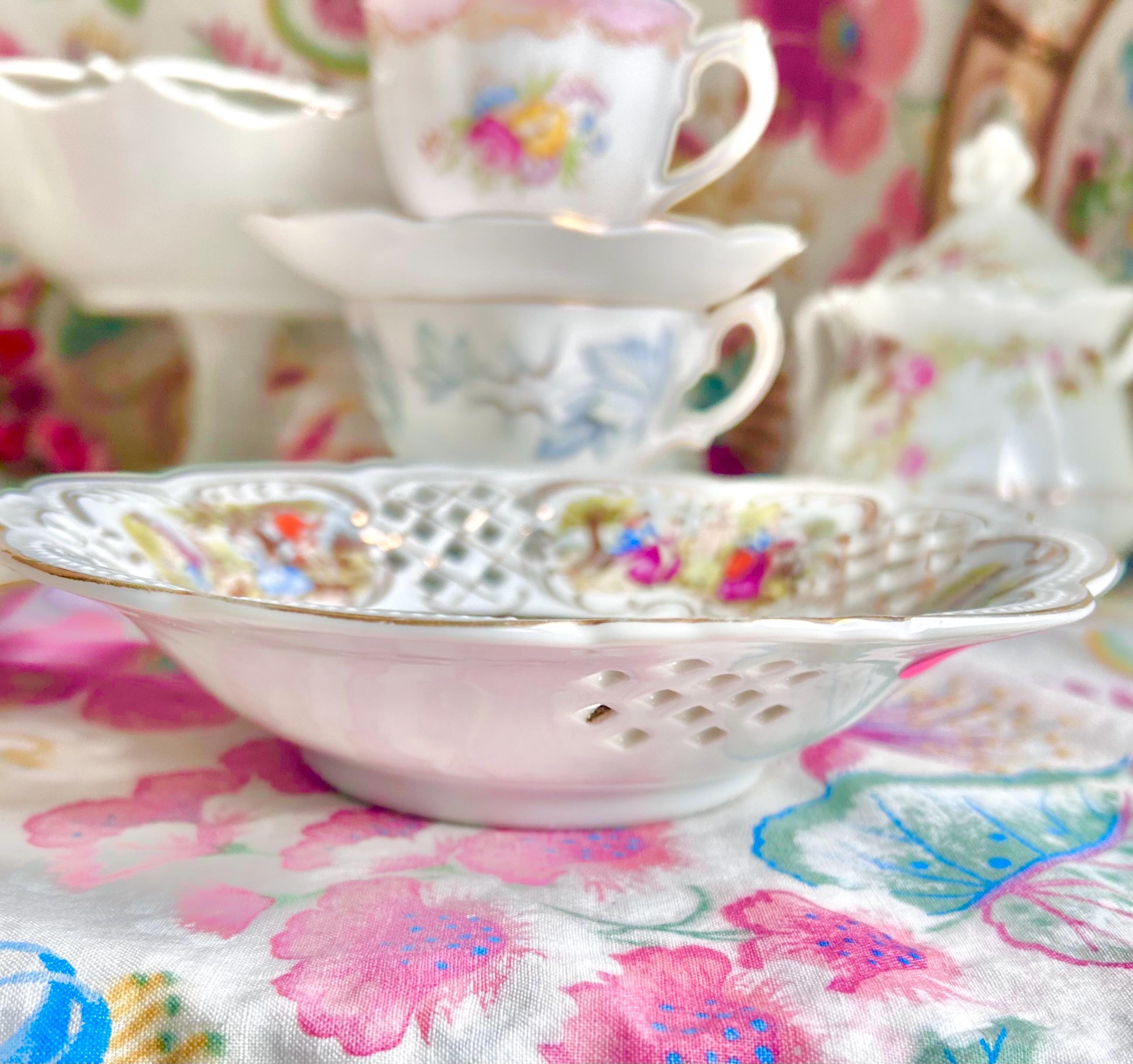 Vintage Perforated Bowl: Victorian Leisure Scenes, Gold Trim, Scalloped Rim