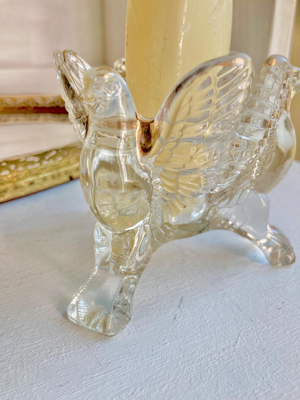 Vintage Jeanette Glass Three Eagles Candle Holder with Gold Trim