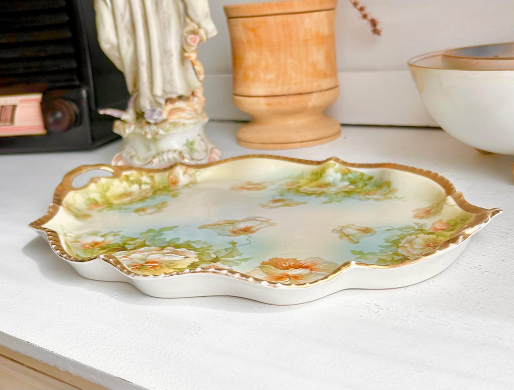Antique Royal Rudolstadt Prussia Porcelain Tray: Hand-Painted, Gold Trim