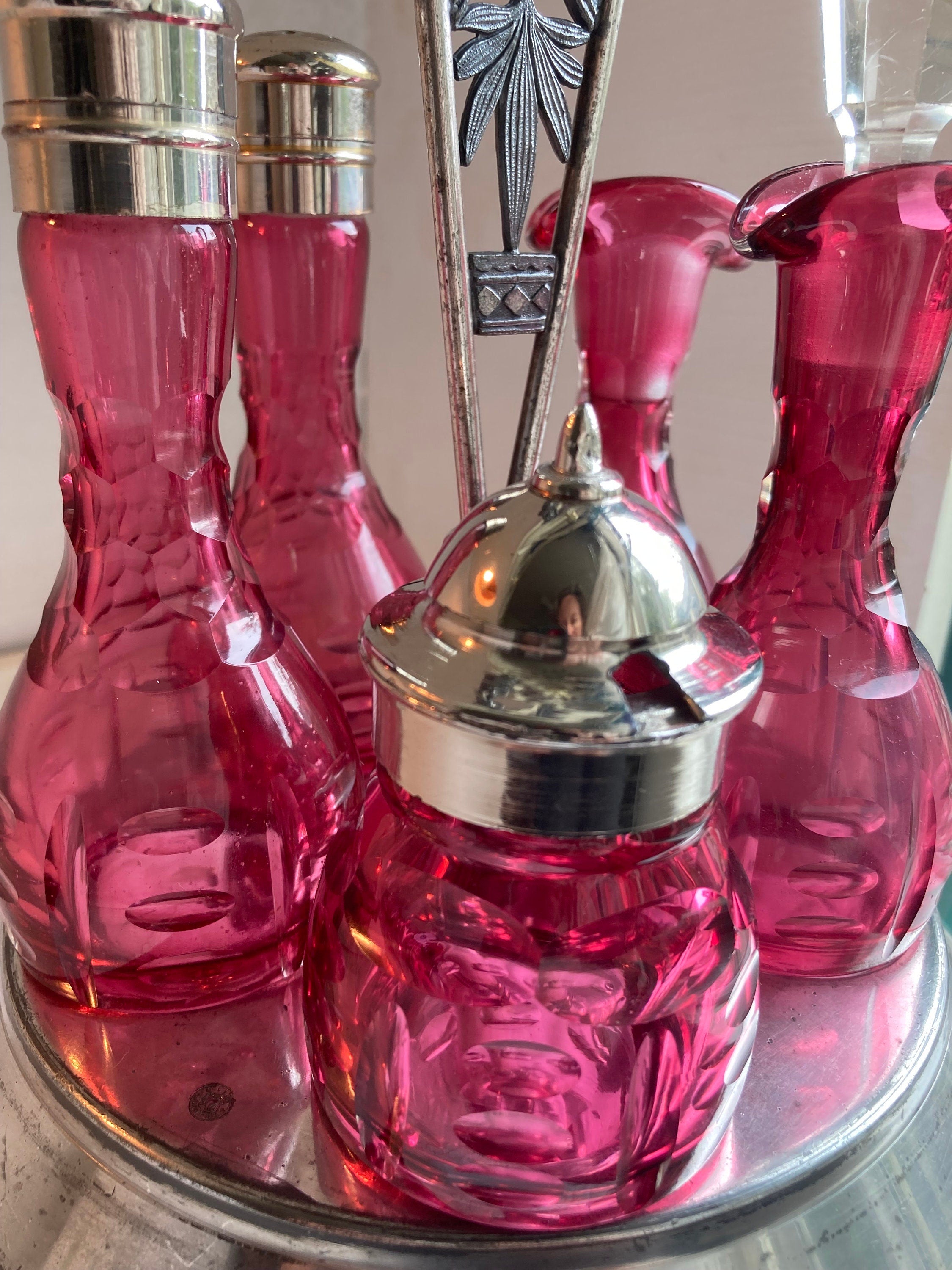 Antique Meriden Silver Plated Cruet Set: Cranberry Thumbprint Glass Bottles