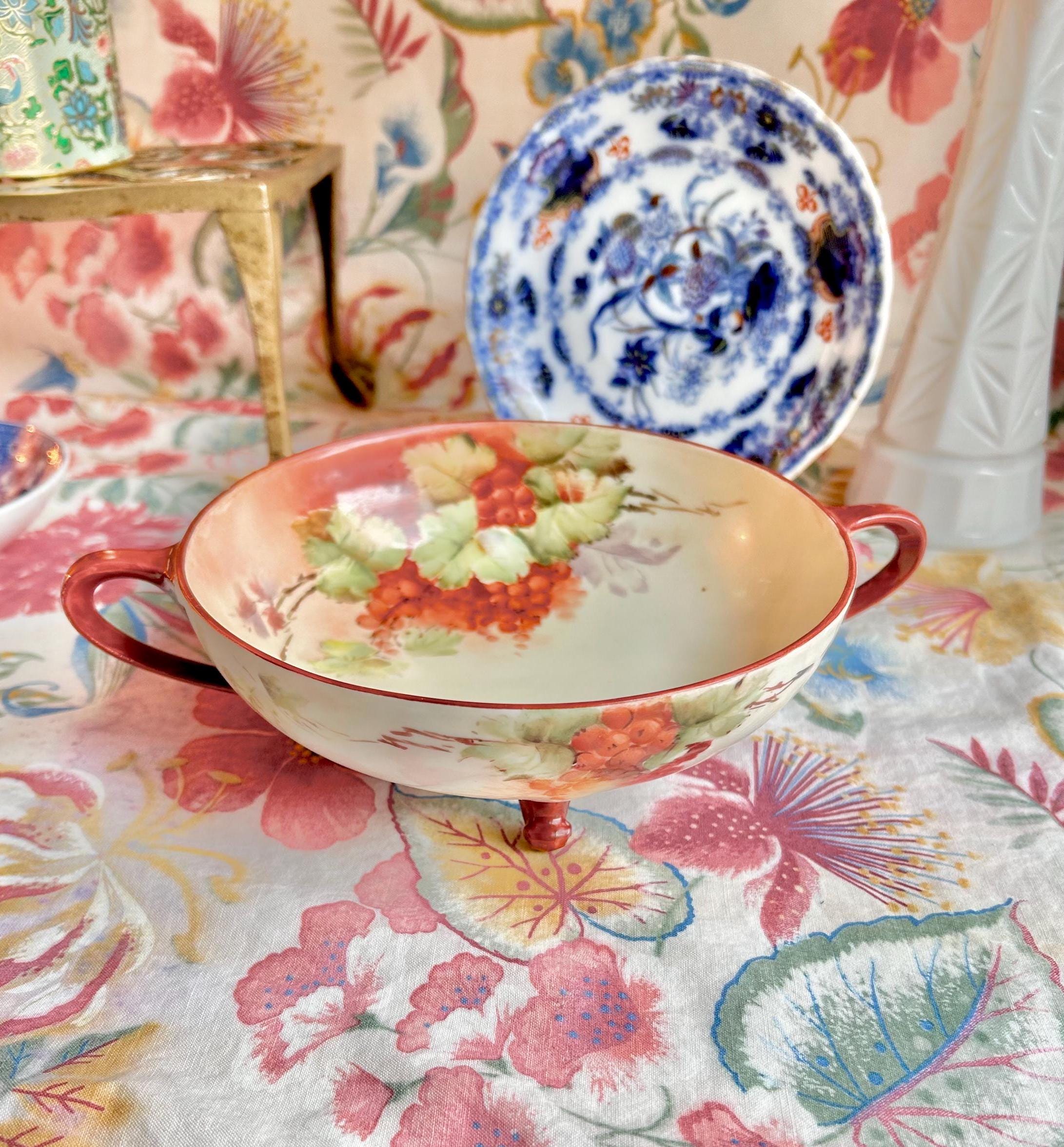Antique MZ Austria Porcelain Footed Bowl: Hand-Painted Harvest Grape (CHIP!)