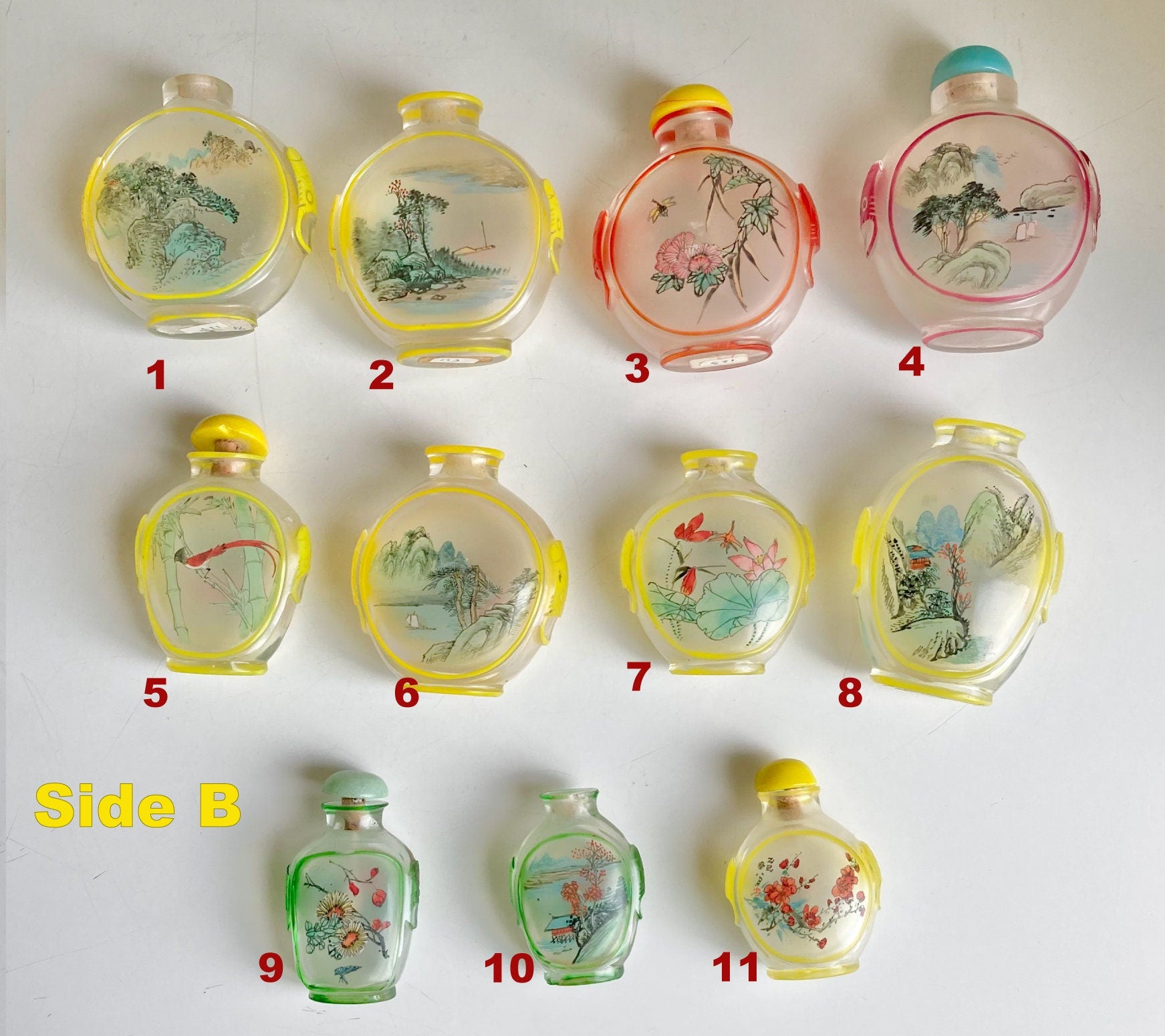 Vintage Chinese reverse Painted Carved Glass Snuff Bottles, 2-3 inch, Sold Individually