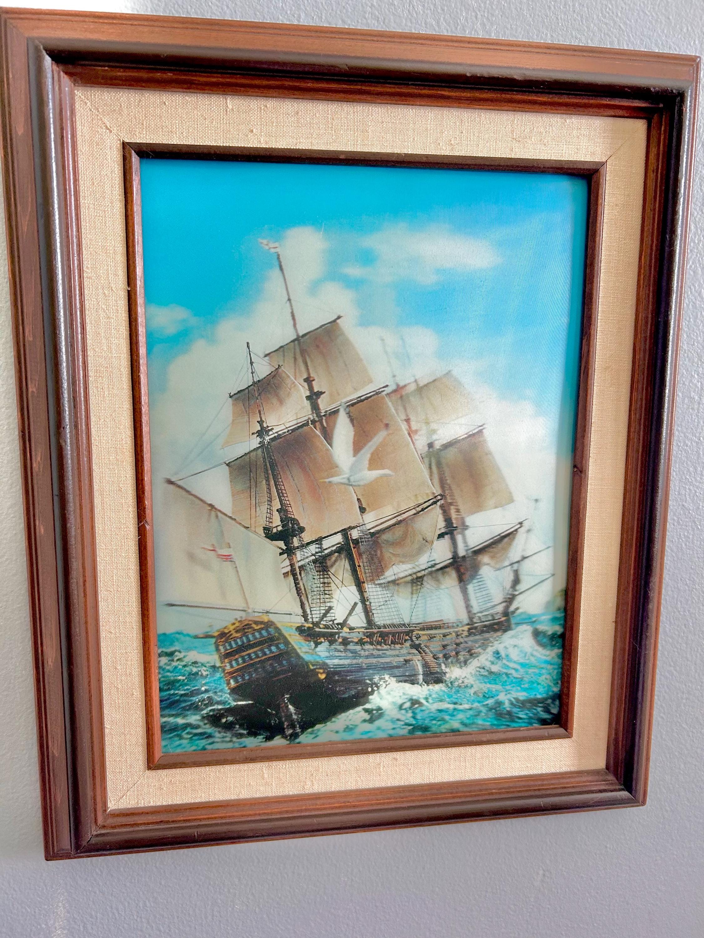 Vintage Lenticular Sailboat Art: 3D Hologram, Wood & Linen Frame