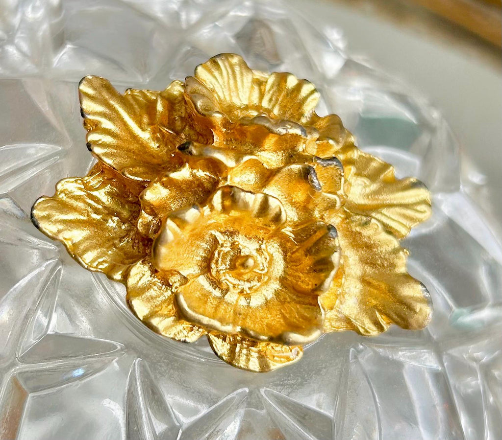 Vintage Italian Cut Crystal Trinket Dish: Gilt Floral Handle