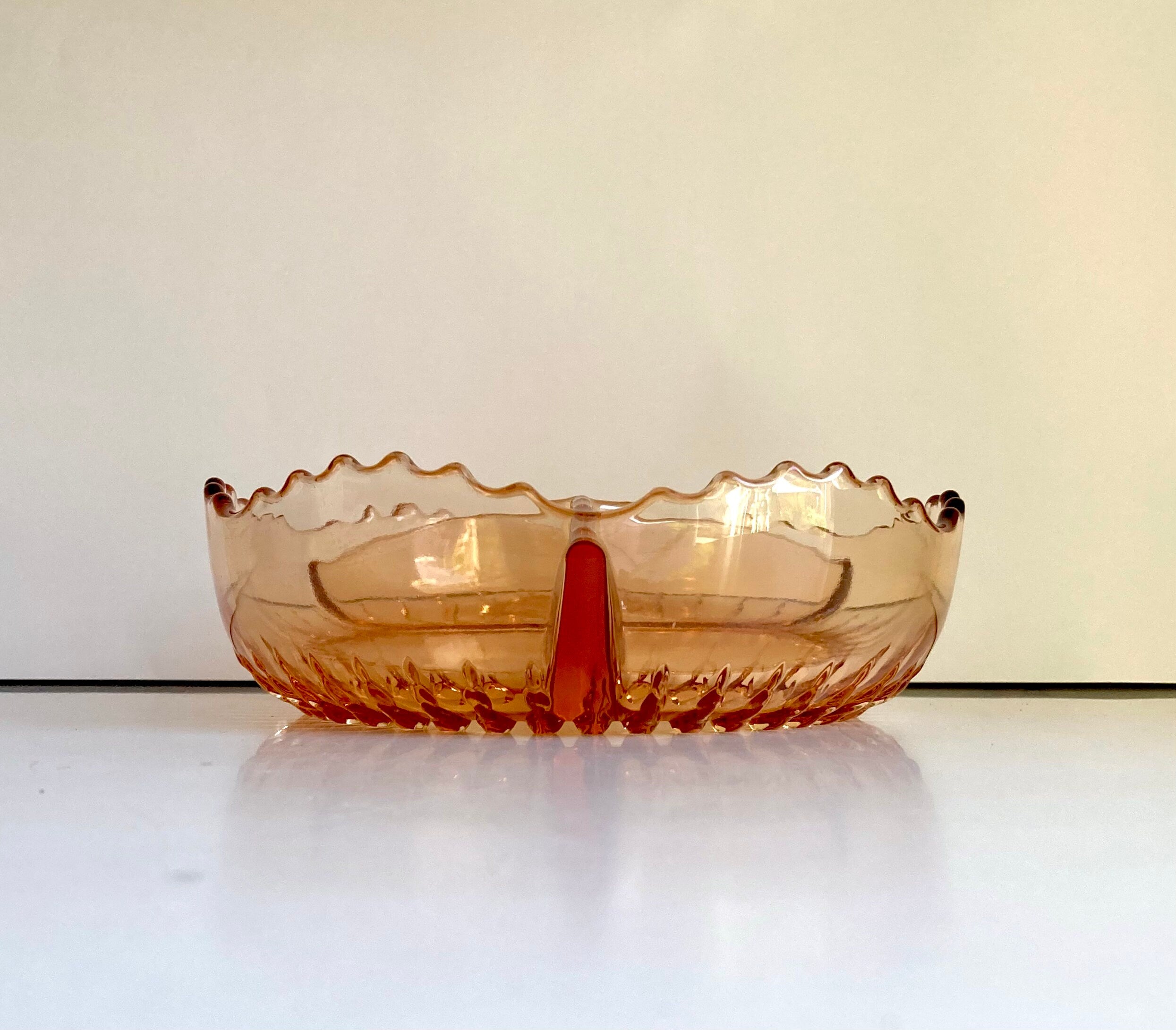 Vintage Amber Glass Divided Dish: Sawtooth Edge, 7-inch