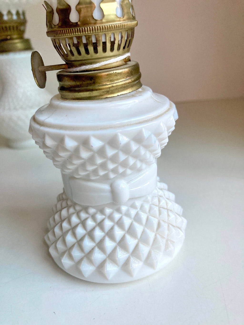 Vintage Milk Glass Oil Lamp: Diamond Hobnail, Fruit Appliqué, 8" Tall