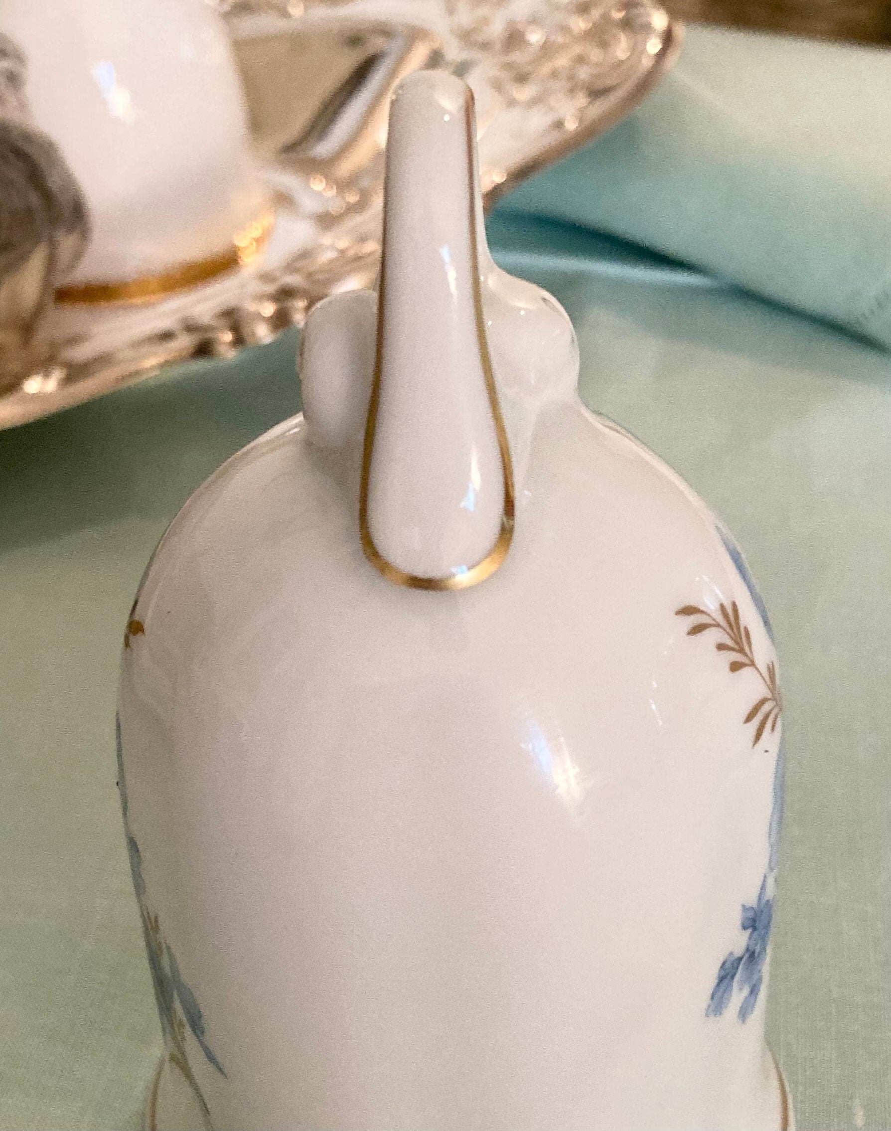 Vintage Porcelain Bell - Blue Flowers on White - gold trim