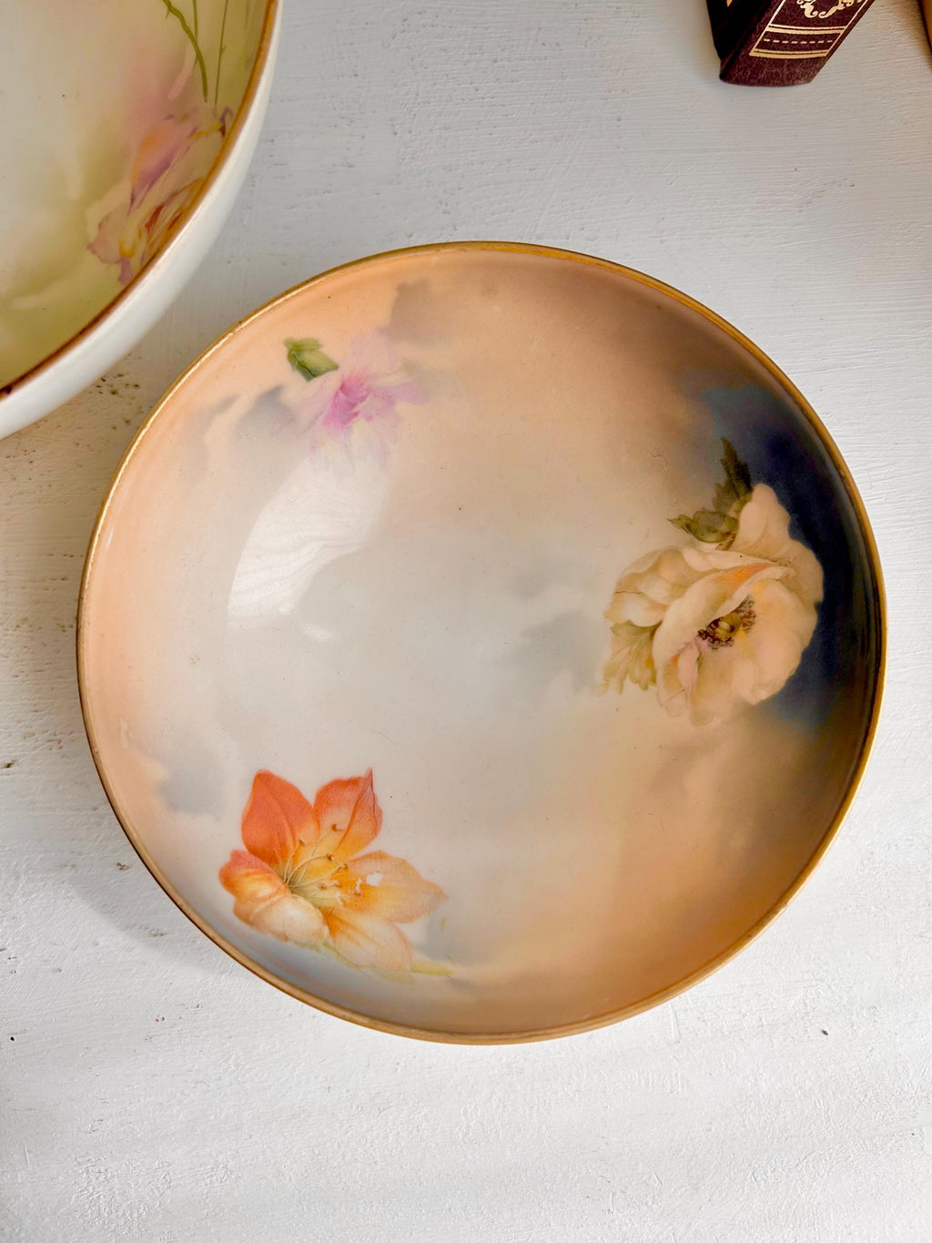 Antique Royal Rudolstadt Prussia Porcelain Bowls: Hand-Painted Rose Floral, Gilt Footed - Set of 2