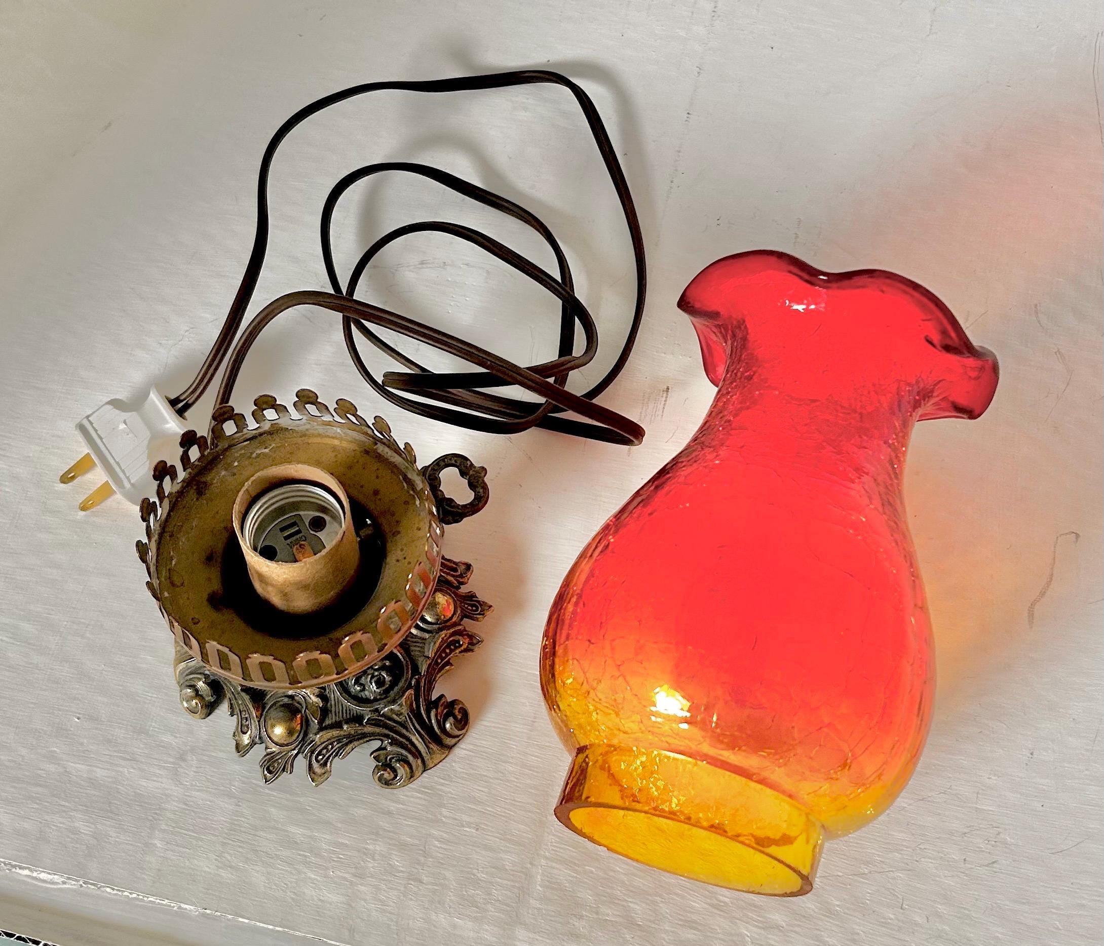 Vintage Amberina Crackle Glass Hurricane Lamp: Brass Base, Ruffled Shade