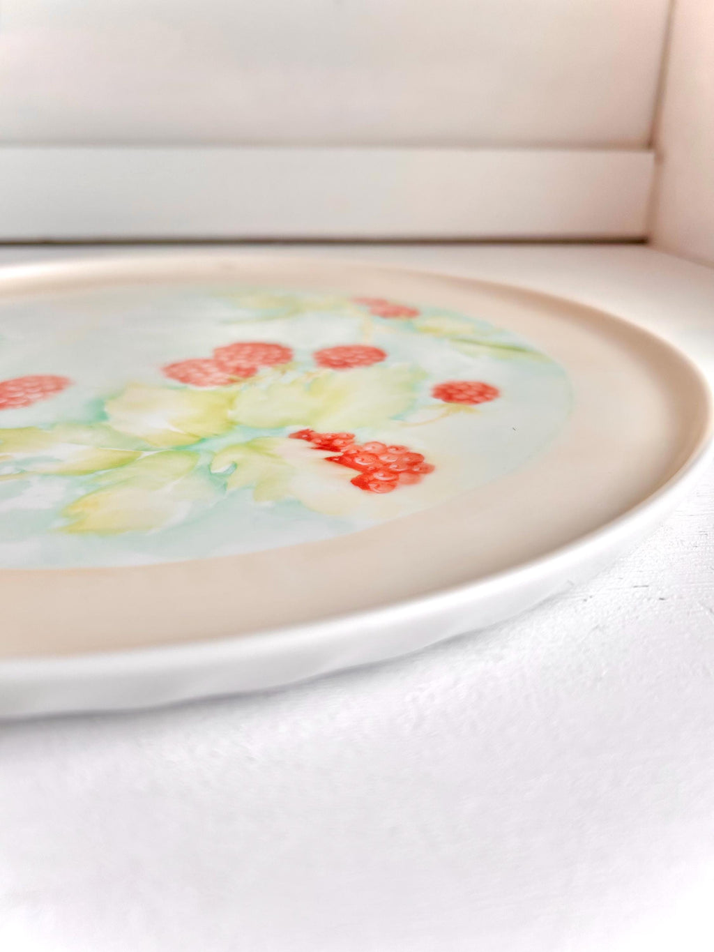 Vintage Hand-Painted Ceramic Cake Plate: Raspberry Branch Design, 11"