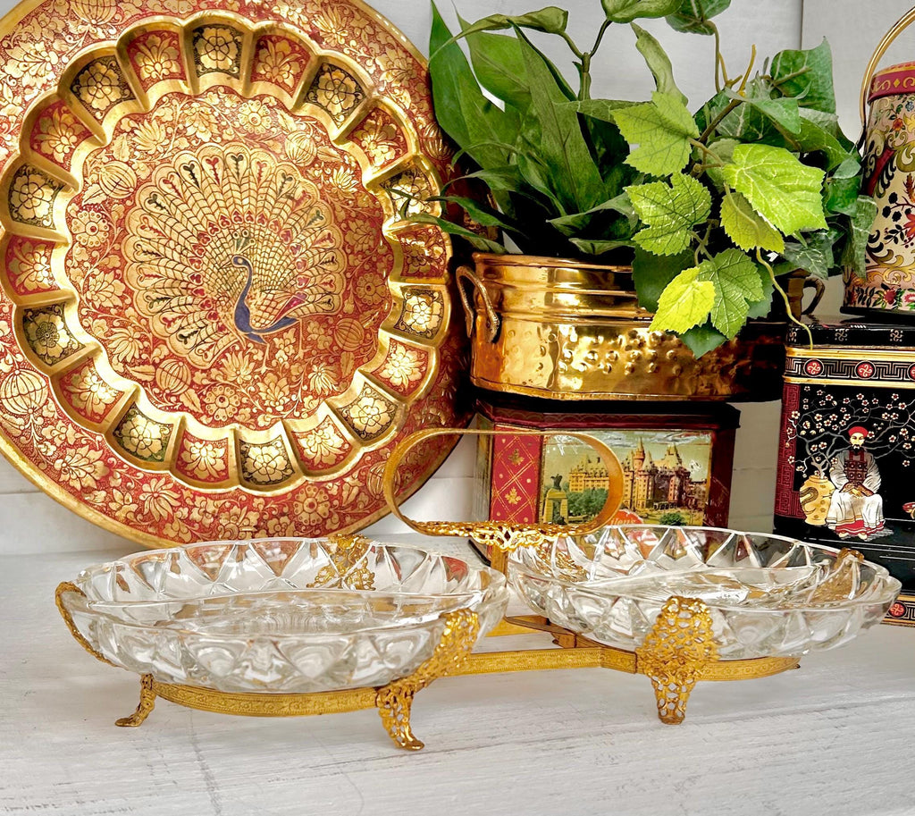 Vintage Gilt Metal & Glass Serving Caddy: Ormolu Double Dish with Handle