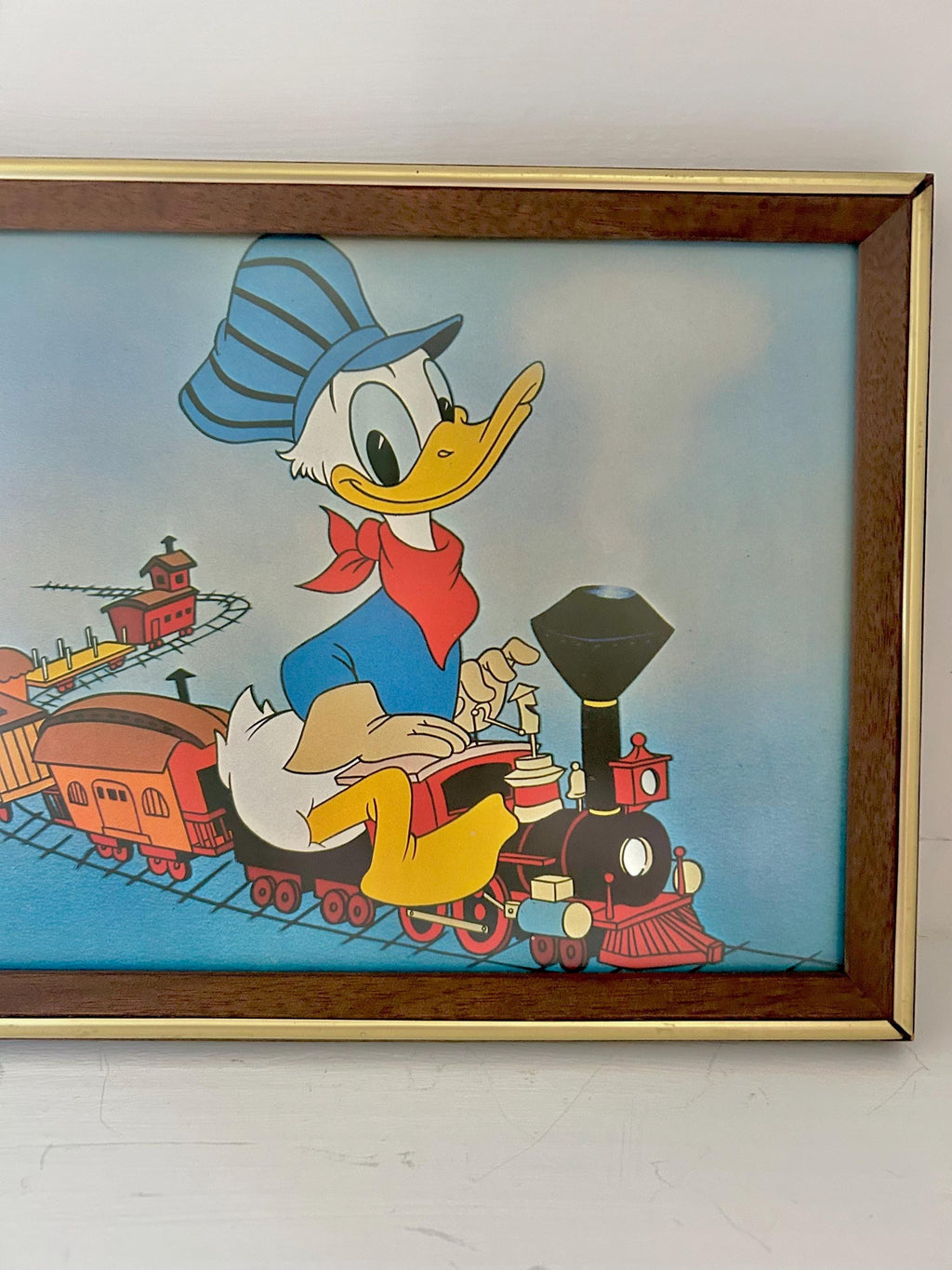 Vintage Donald Duck Print: Toy Train Conductor, Wooden Frame