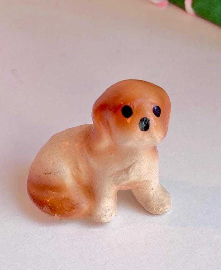 Vintage Teensy Ceramic Tawny Pup - Hand painted dog figurine 1 inch seated pup
