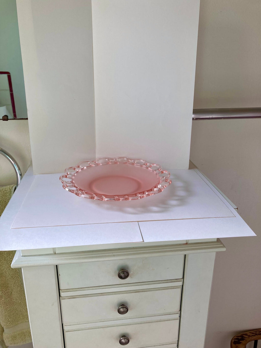 Frosted Pink Anchor Hocking Depression Glass - open lace edge -8.5" diameter
